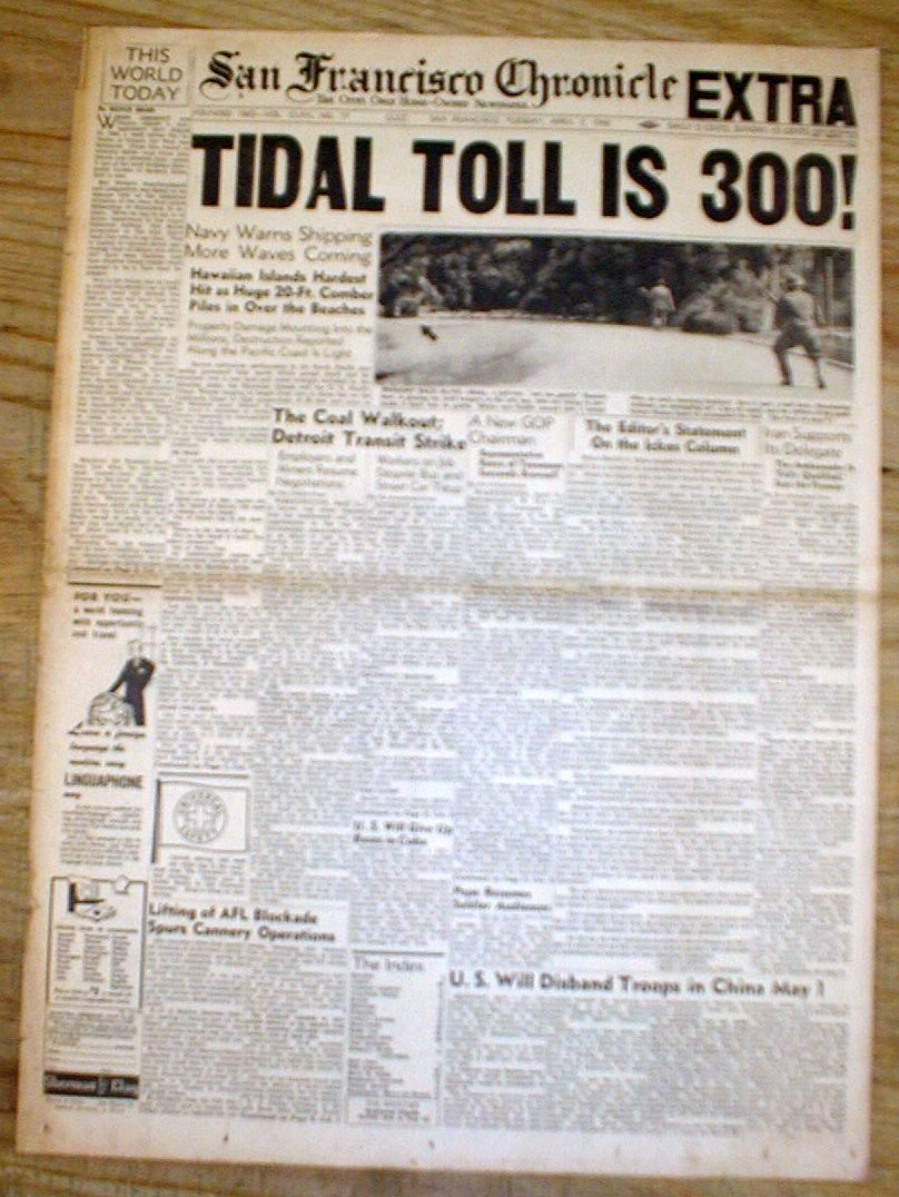 1946 hdlne newspaper Major Earthquake & Tidal Wave TSUNAMI HITS HAWAII & ALASKA