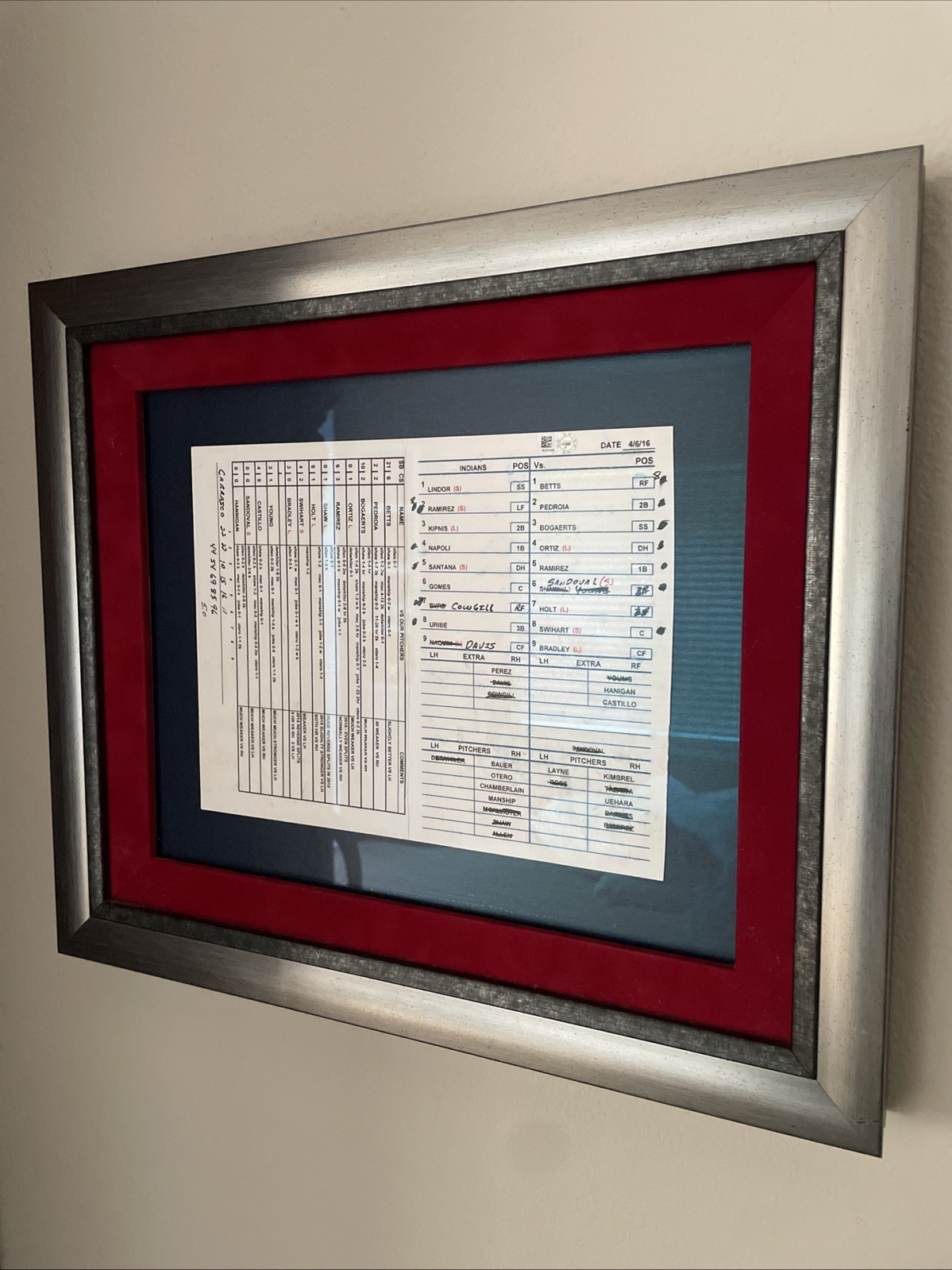 Cleveland Indians Terry Francona Framed Line Up Card, 4/6/16 vs, Boston Red Sox