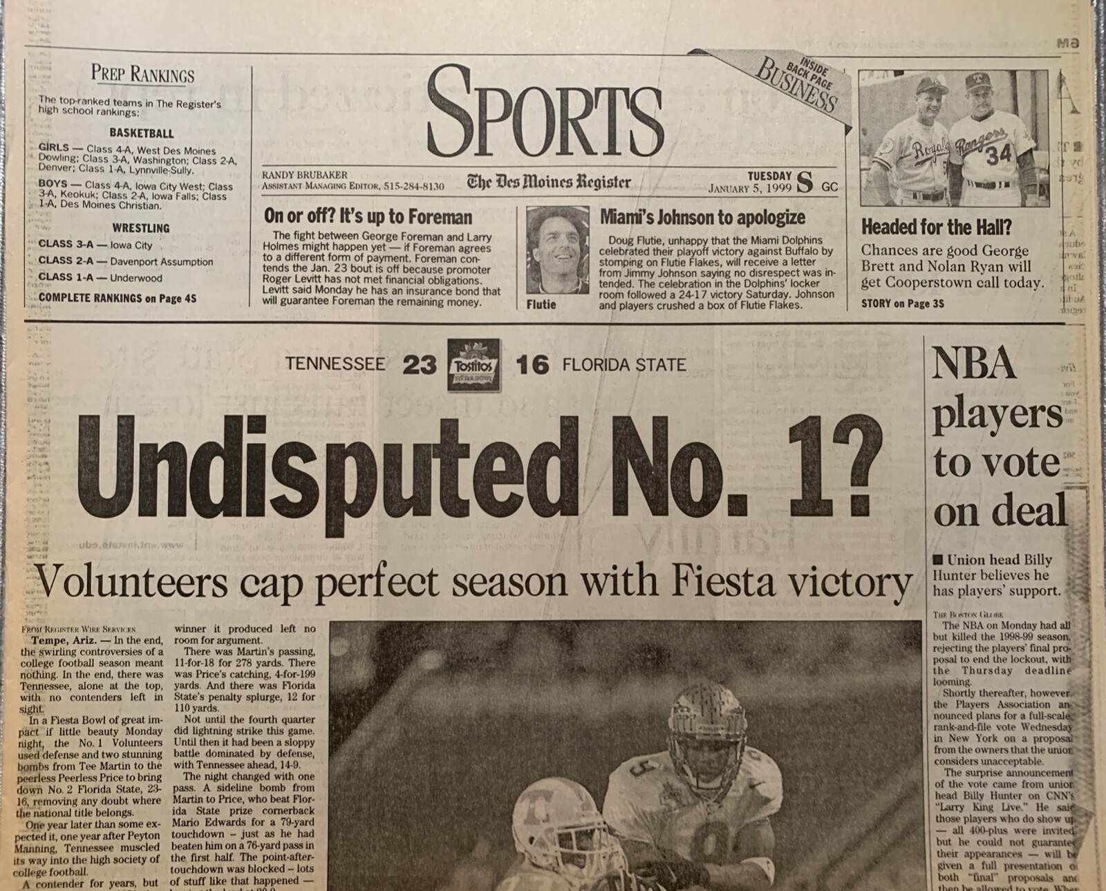 Tennessee Volunteers beat Florida St in Fiesta Bowl – 1/5/99 Des Moines Register