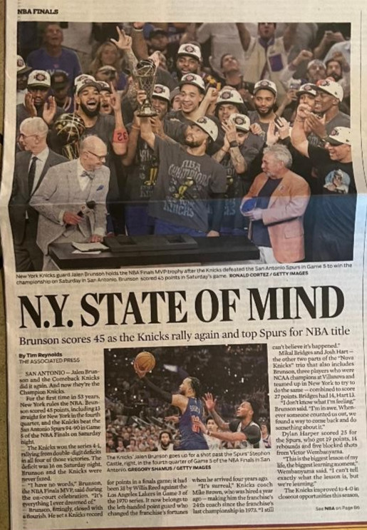 SAN GABRIEL VALLEY TRIBUNE JUNE 14 2026 NEW YORK KNICKS WIN NBA TITLE 94-90