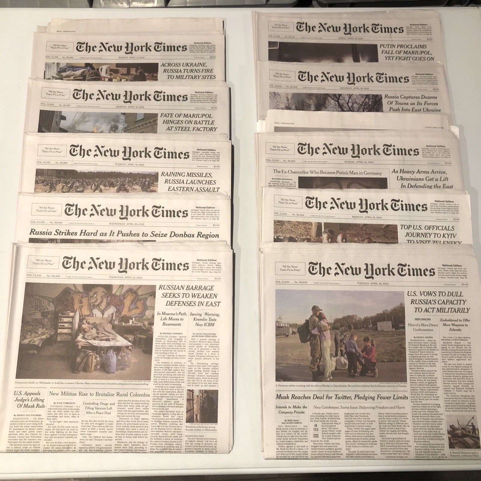 New York Times 10 Used Newspapers Lot, April 17 18 19 20 21 22 23 24 25 26, 2022