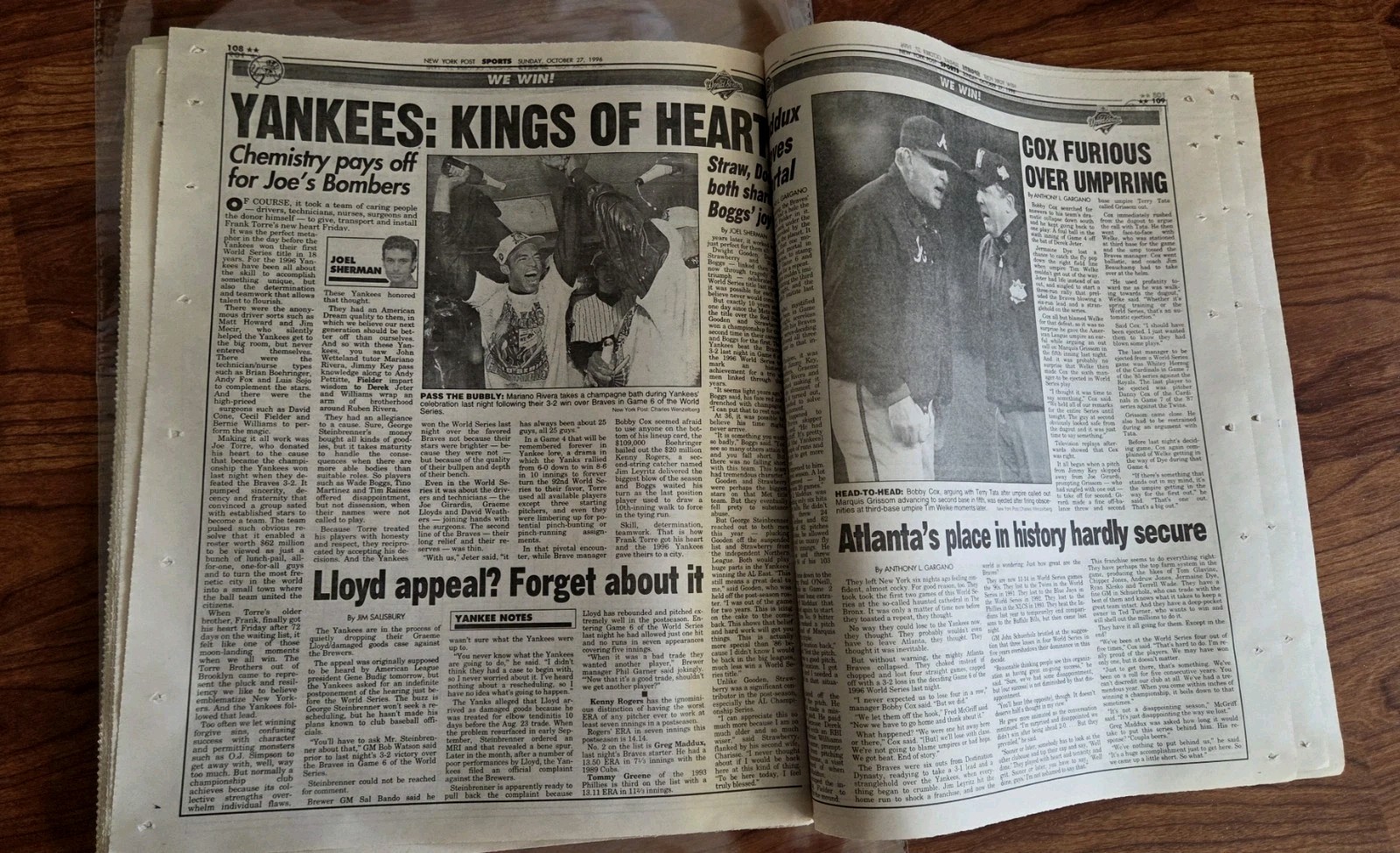 NY YANKEES WORLD SERIES CHAMPS 10/27/1996 NY POST .. FRAME IT!!