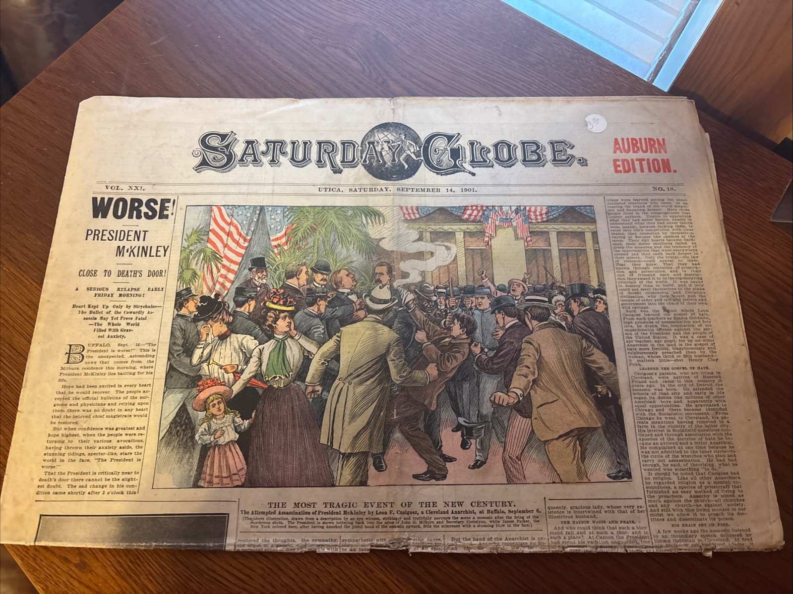 Newspaper President McKinley Shot, 9/7 1901 Utica Saturday Globe Auburn Edition