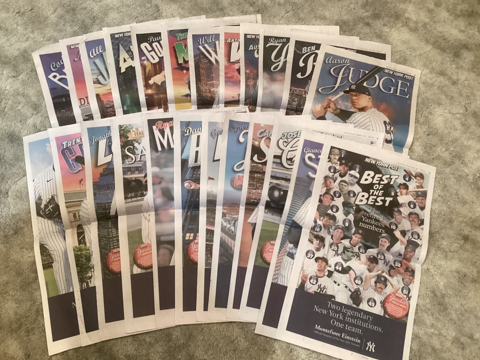 MLB Yankee Players Posters, Set of 24 from NY Post Centerfolds, March-Sept, 2025