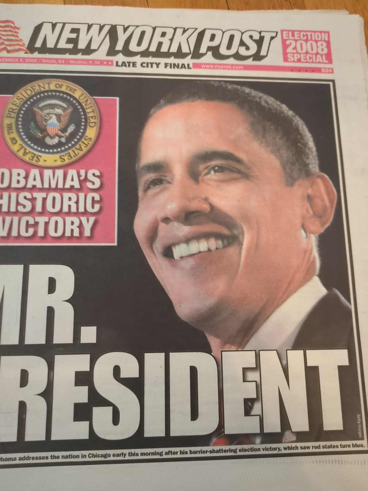 Barack Obama Becomes President New York Post Full Newspaper Nov 5 2008.