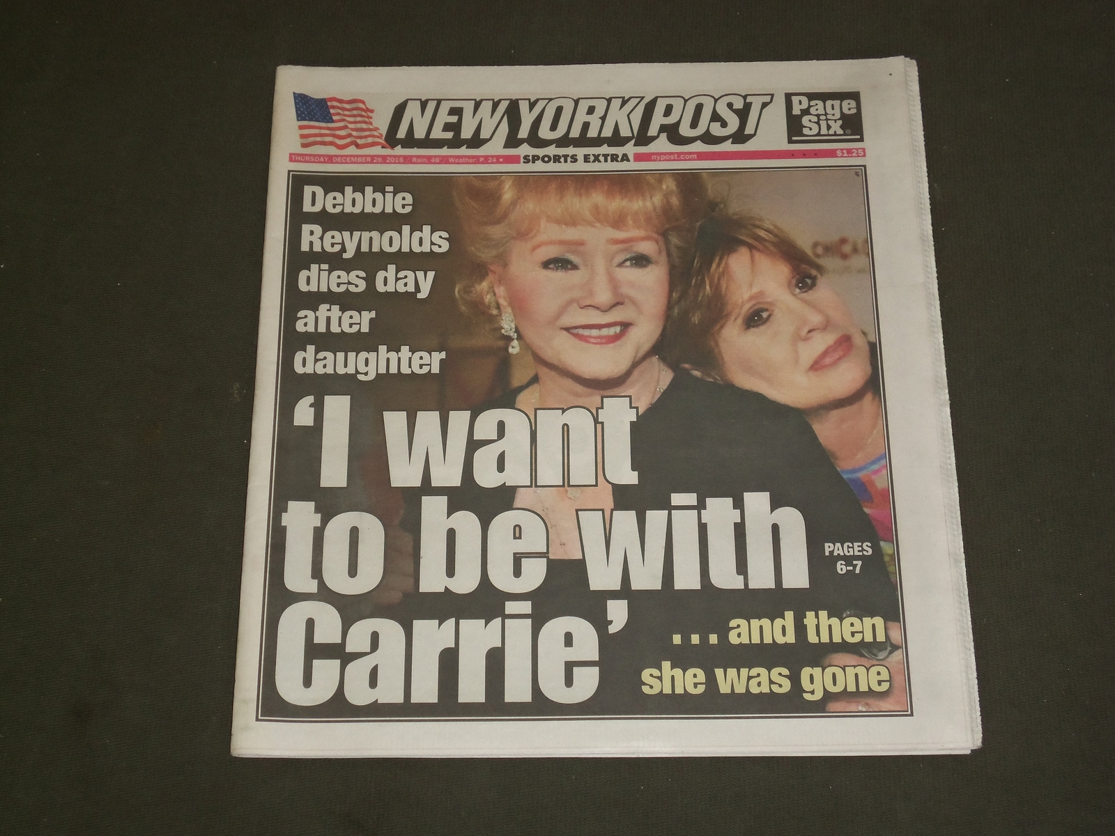 2016 DECEMBER 29 NEW YORK POST NEWSPAPER – DEBBIE REYNOLDS DEAD – 1932-2016