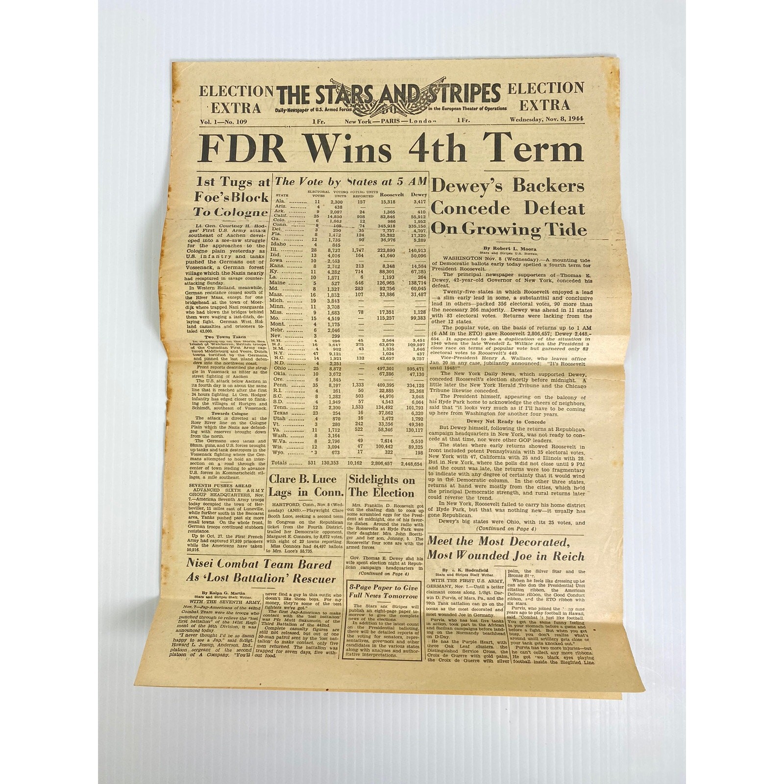 The Stars and Stripes Nov, 8 1944 FDR’s Victory Thursday, Wednesday