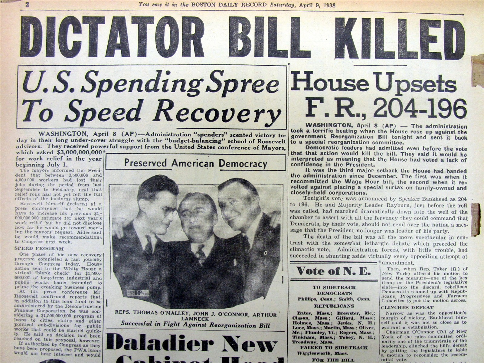 1938 newspaper FRANKLIN D ROOSEVELT “DICTATOR” BILL fails to pass in US Congress
