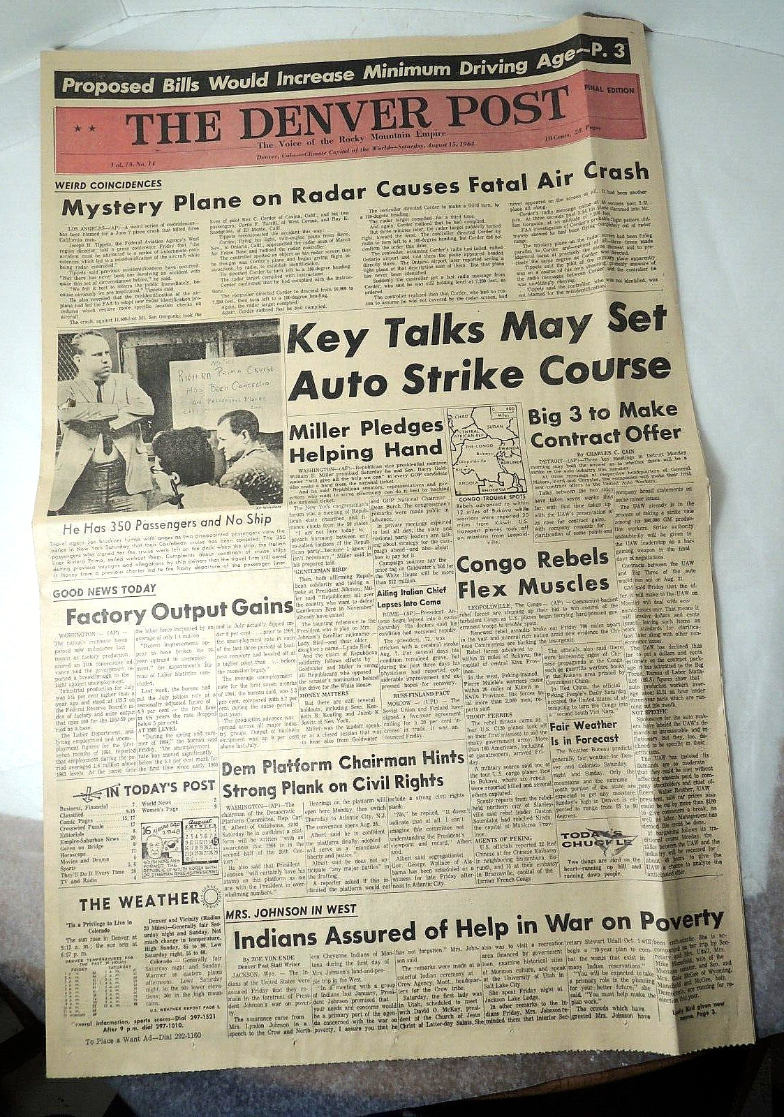 Newspaper 1964 California Plane Crash Mt San Gorgonio Ontario Airpt. Denver Post
