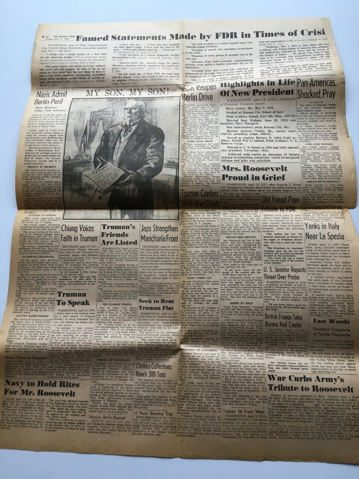 Franklin D. Roosevelt Death Newspaper Clippings Detroit Times April 13, 1945