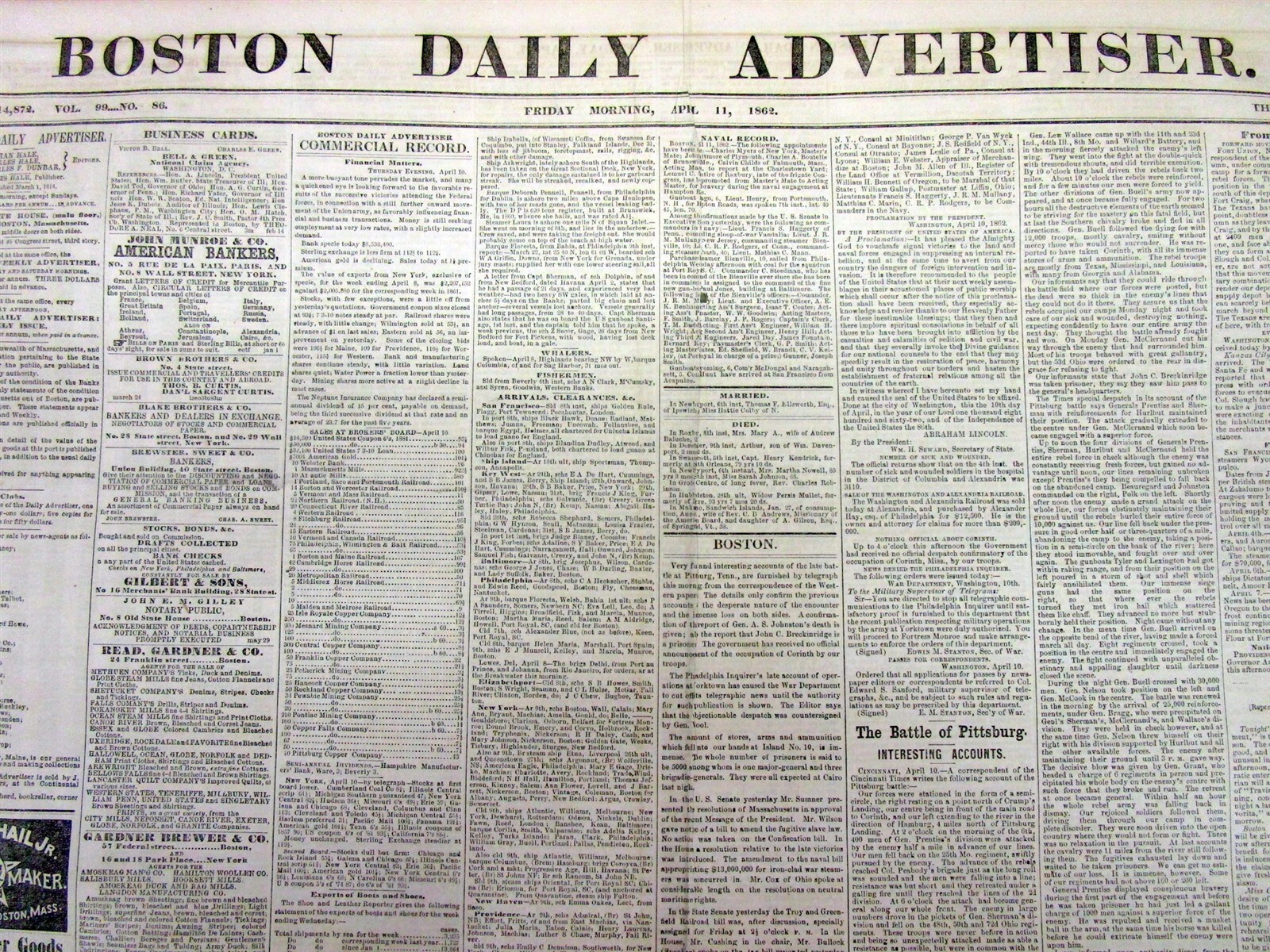 1862 Civil War display newspaper w BATTLE of SHILOH Pittsburg Landing TENNESSEE