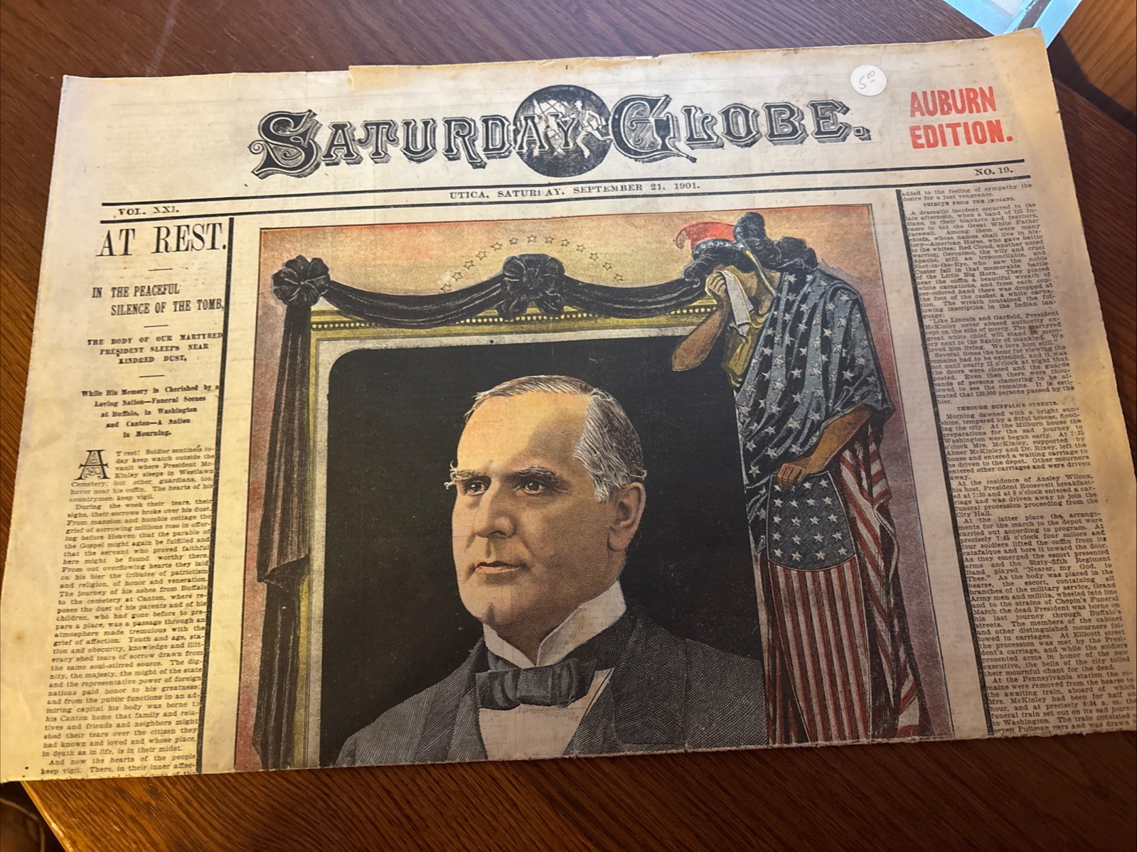 Newspaper President McKinley Burial 9/21 1901Utica Saturday Globe Auburn Edition