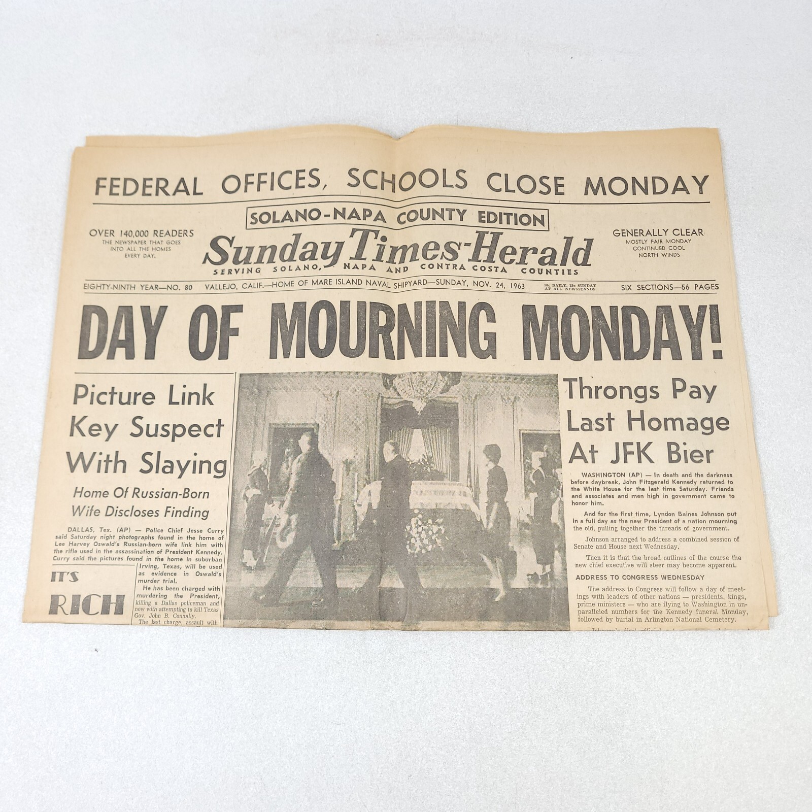 Solano Napa Herald Nov 24 1963 JFK Day of Mourning Newspaper