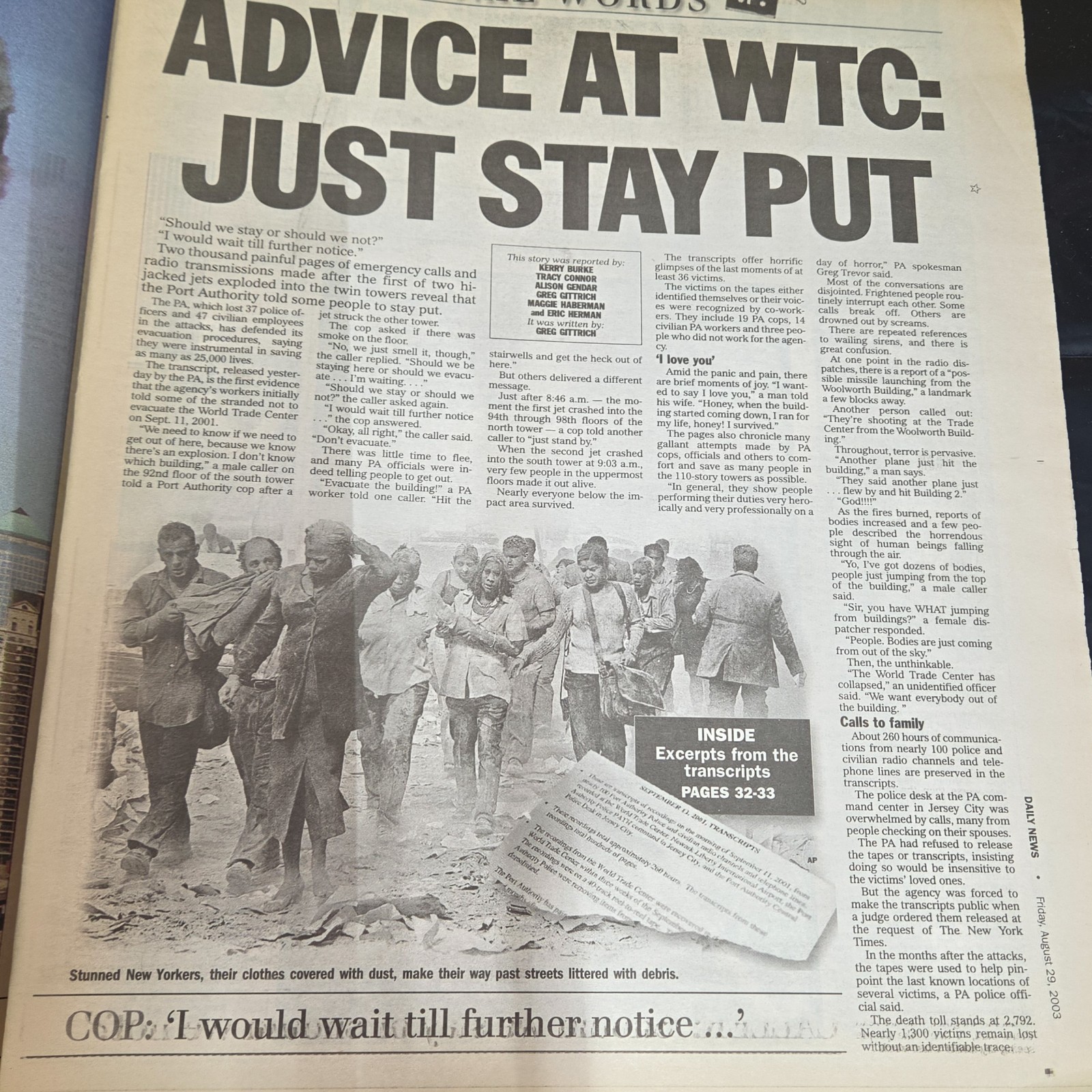 Daily News Aug 29 2003 Stay Put 9/11 Transcripts WTC NYC Newspaper