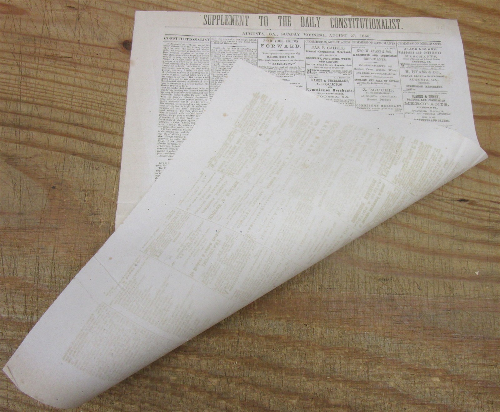 Rare 1865 Augusta GEORGIA post-Civil War Confederate newspaper BROADSIDE EXTRA