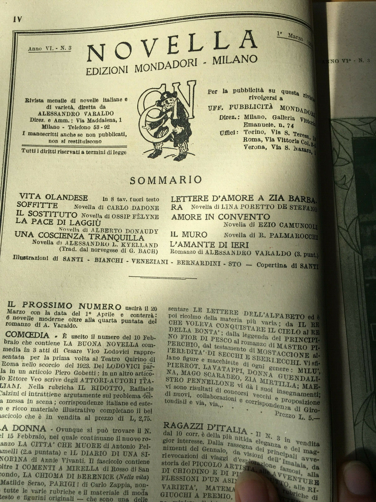 MONDADORI NOVELLA PERIODICO ITALIAN WRITERS N 3 1924 ALESSANDRO VARALDO 02/19