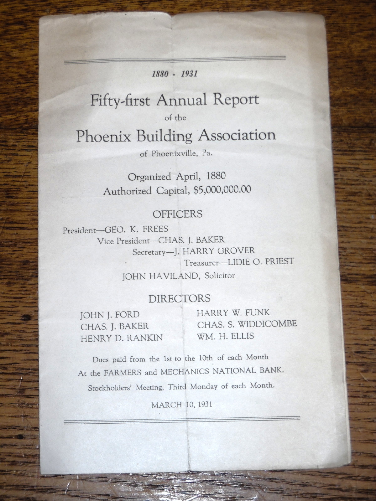 1931 51st Annual Report – Phoenix Building Association – Phoenixville PA