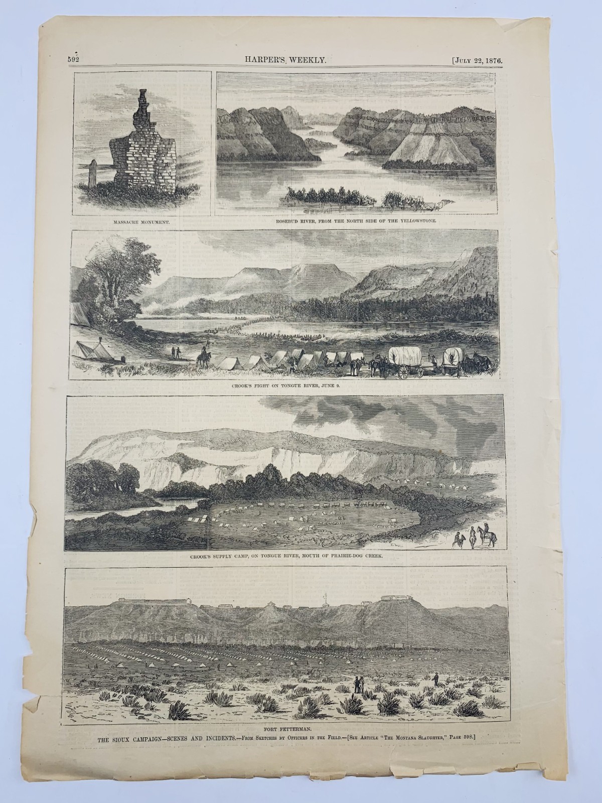 1876 INDIAN WARS MASSACRE SIOUX TONGUE RIVER NEWSPAPER ILLUSTR. SINGLE SHEET F47