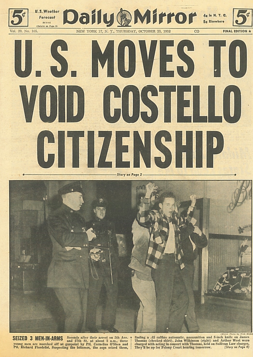 DAILY MIRROR 1952 October 23 U.S. MOVES TO VOID COSTELLO MICHIGAN MUNN DE MARCO