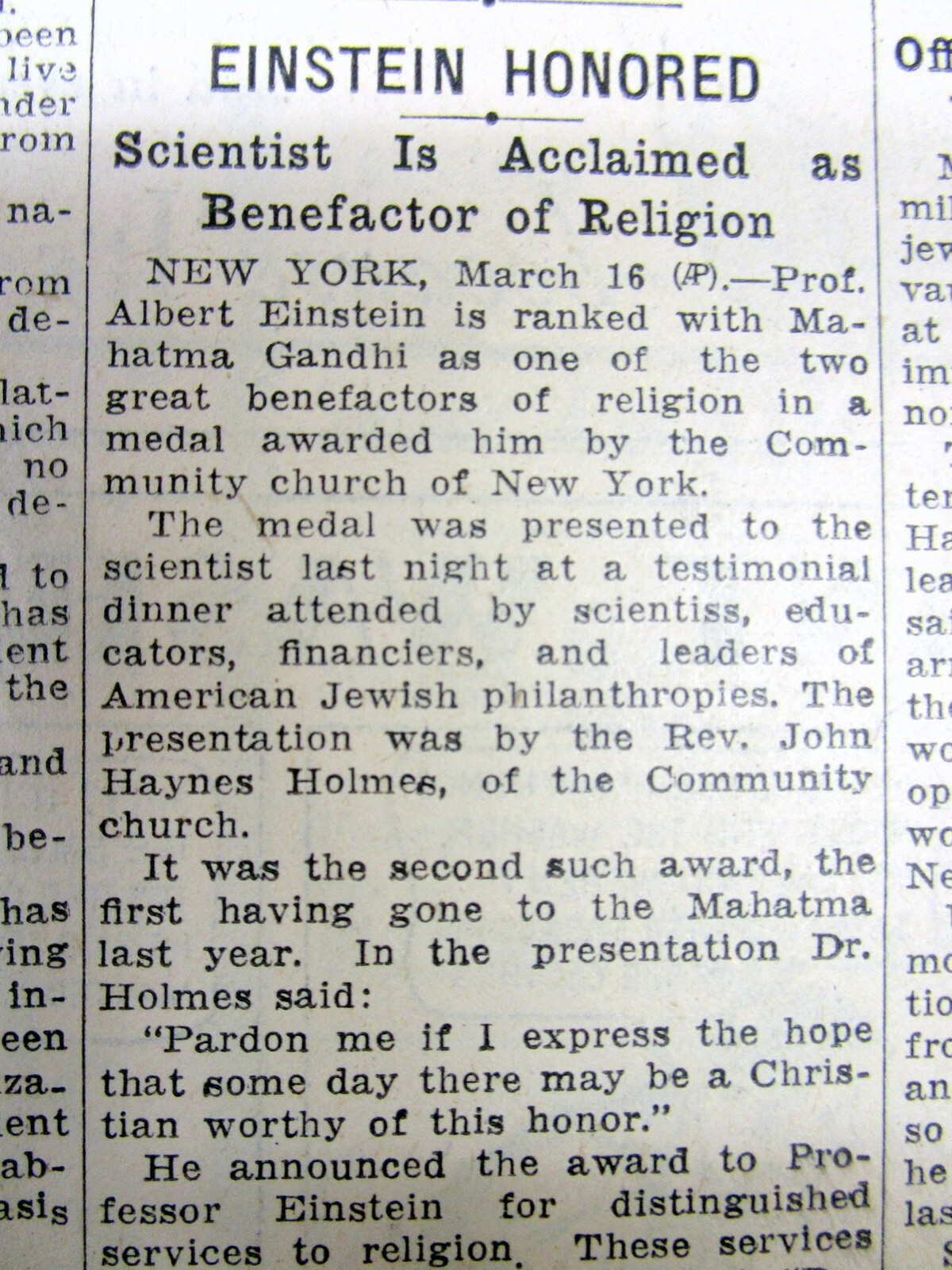 1933 newspaper ALBERT EINSTEIN HONORED for being BENEFACTOR of RELIGION Judaica