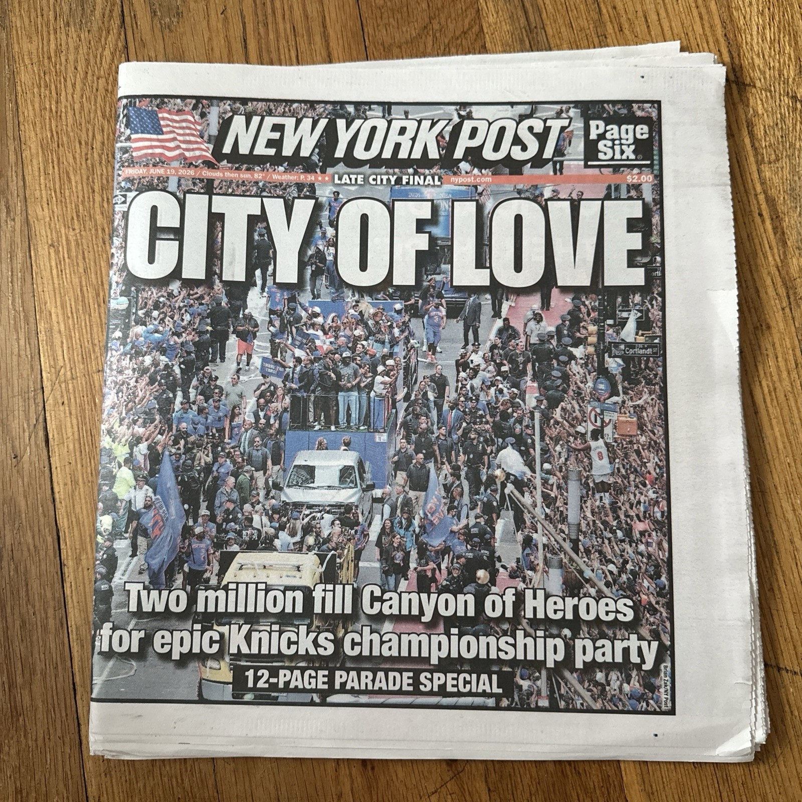New York Post Newspaper – NY Knicks “City of Love” Parade Edition