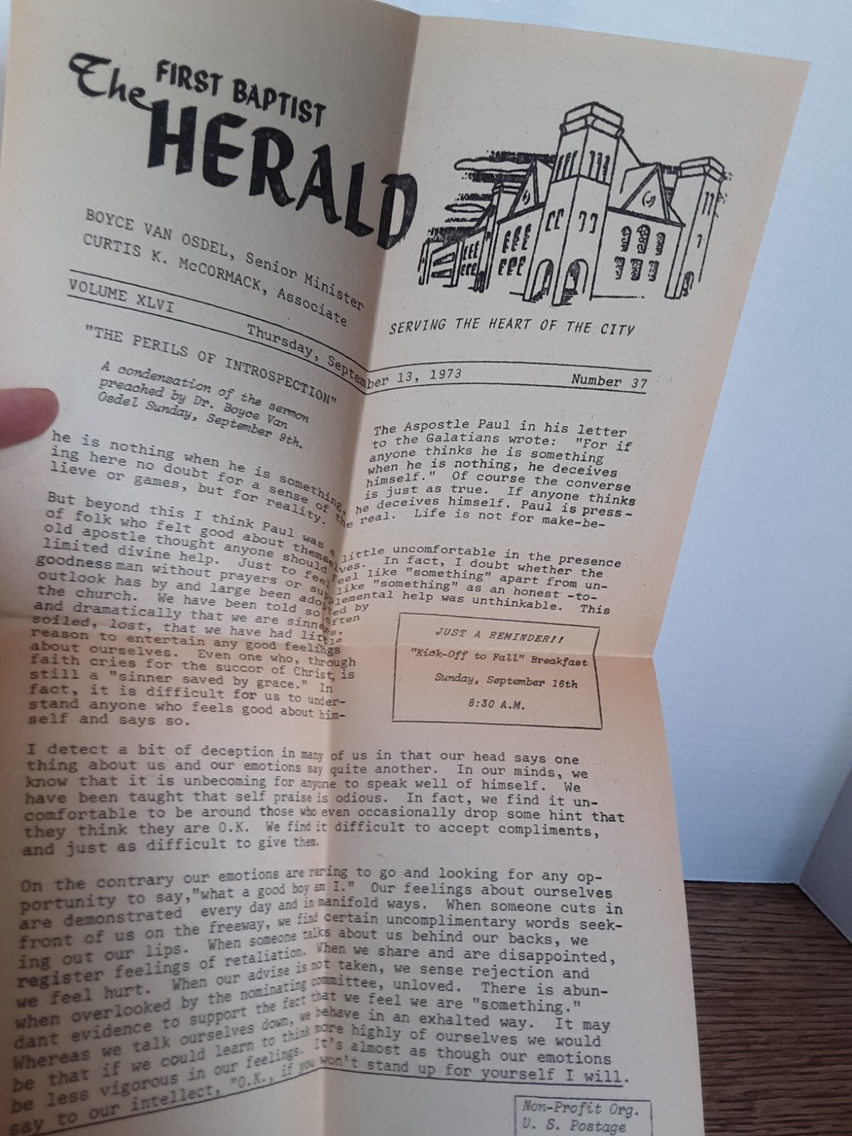 VTG The First Baptist Herald Thursday Sept. 17, 1973 Oakland Ca Boyce Van Osdel