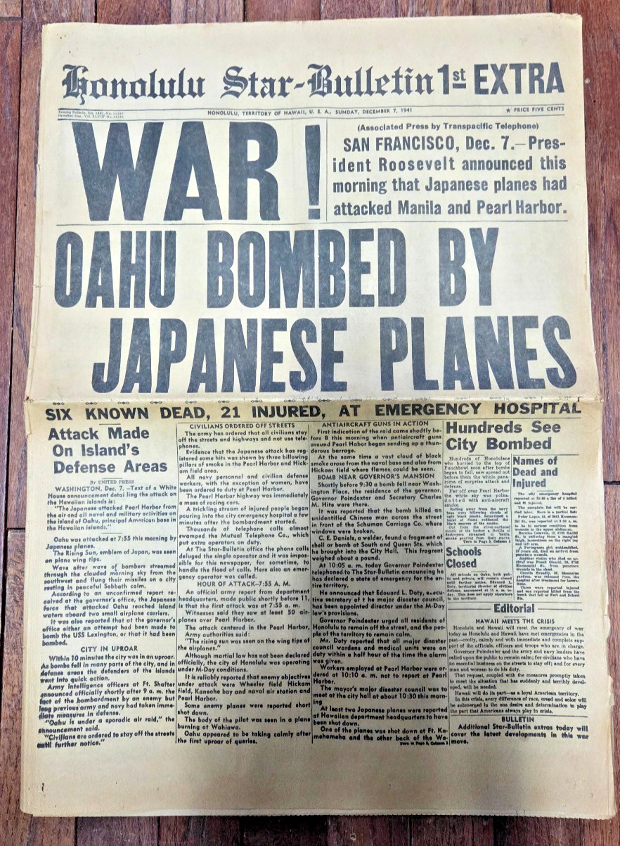 Souvenir Newspaper Honolulu Star-Bulletin Dec 7 1941 Oahu Bombed by Japanese