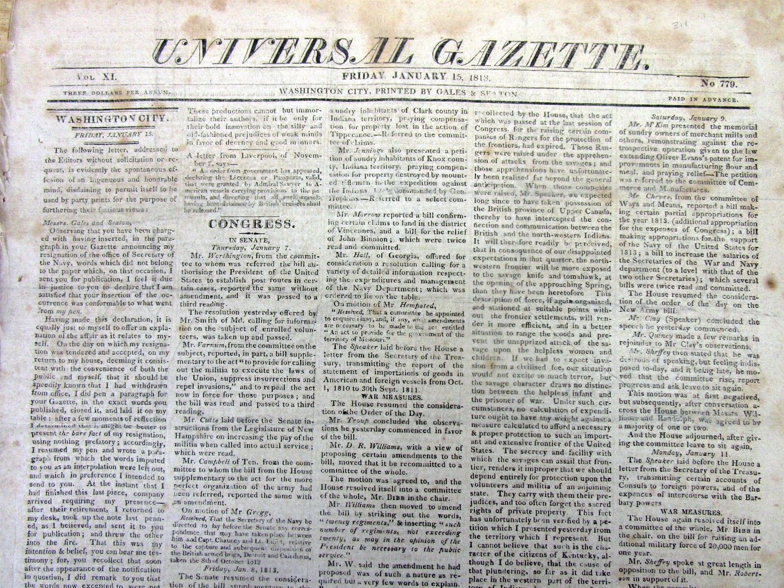 2 War of 1812 newspapers BATTLE OF MISSISSINEWA Indiana NATIVE AMERICAN INDIANS