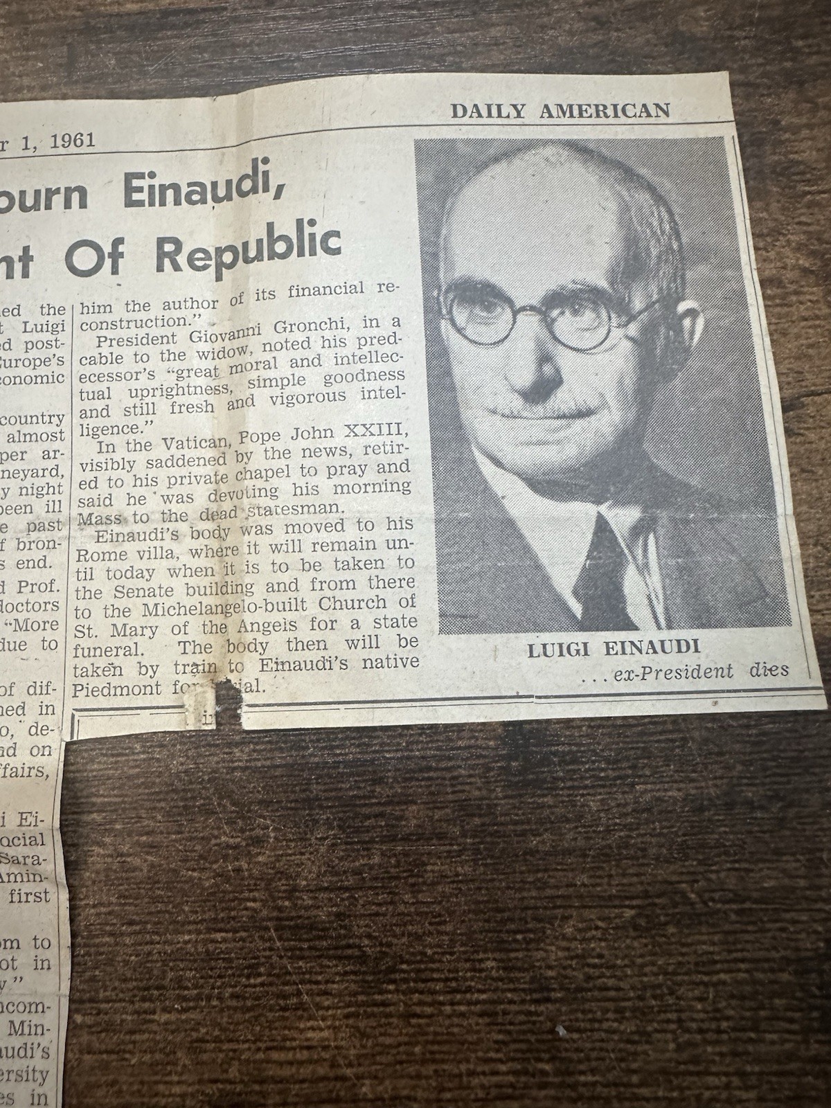 Vintage 1961 Daily American Luigi Einaudi Death Newspaper Clipping Italy