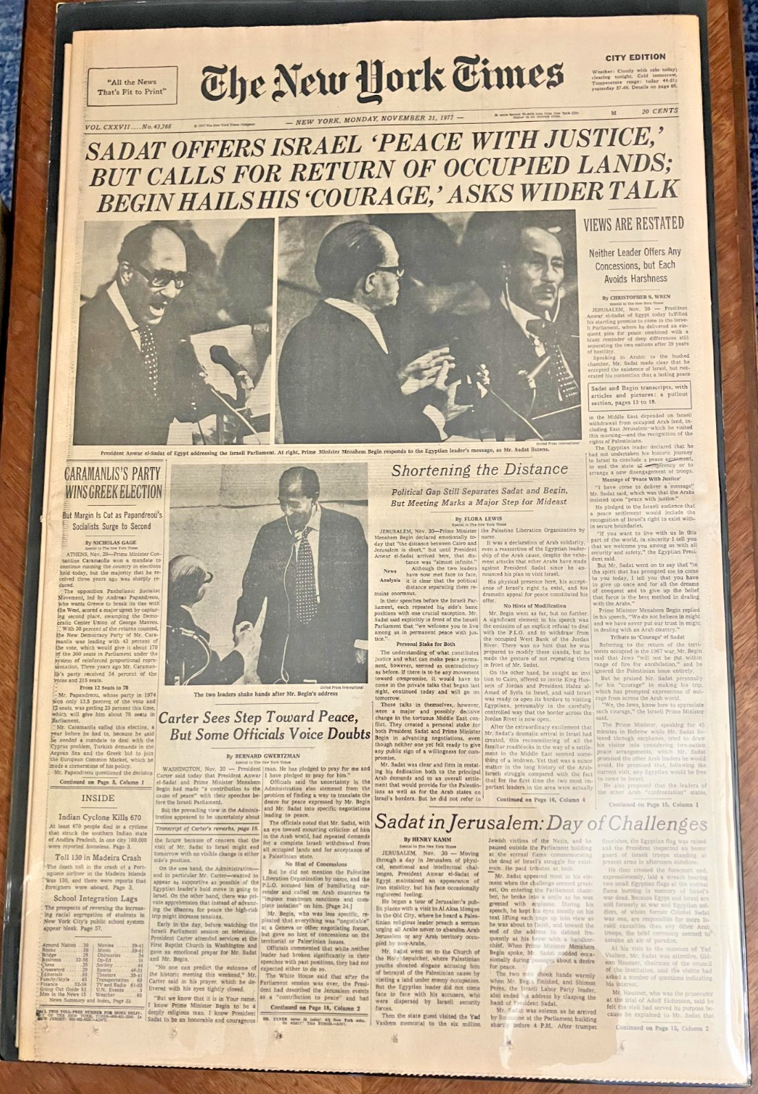 NY Times Sadat Visits Israel Peace Talks Front Page Nov 21 1977
