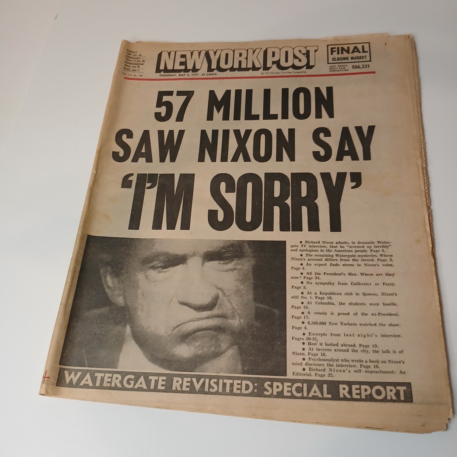 New York Post Full Newspaper May 5 1977 Watergate Richard Nixon – I’m Sorry