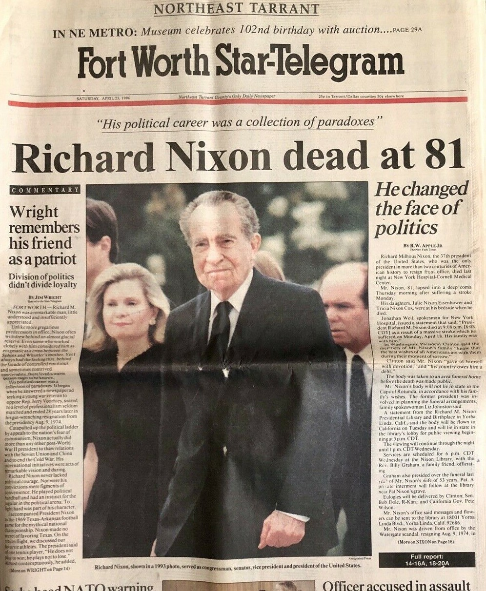 Richard Nixon Death – Ft. Worth Star-Telegram Newspaper ’94 – Free Shipping!