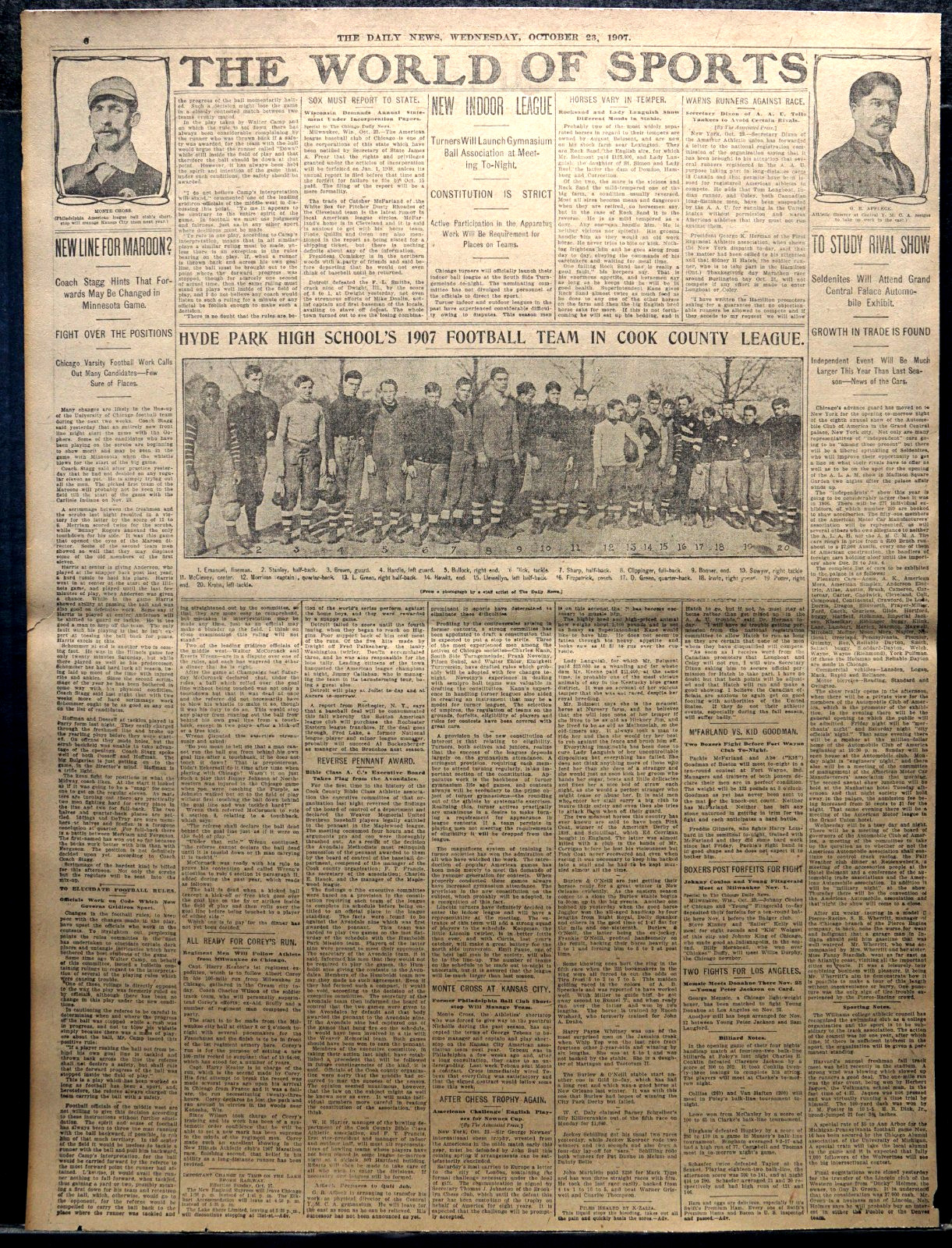 1907 Chicago Sports Page – Rare Hyde Park High School Football Team Photo