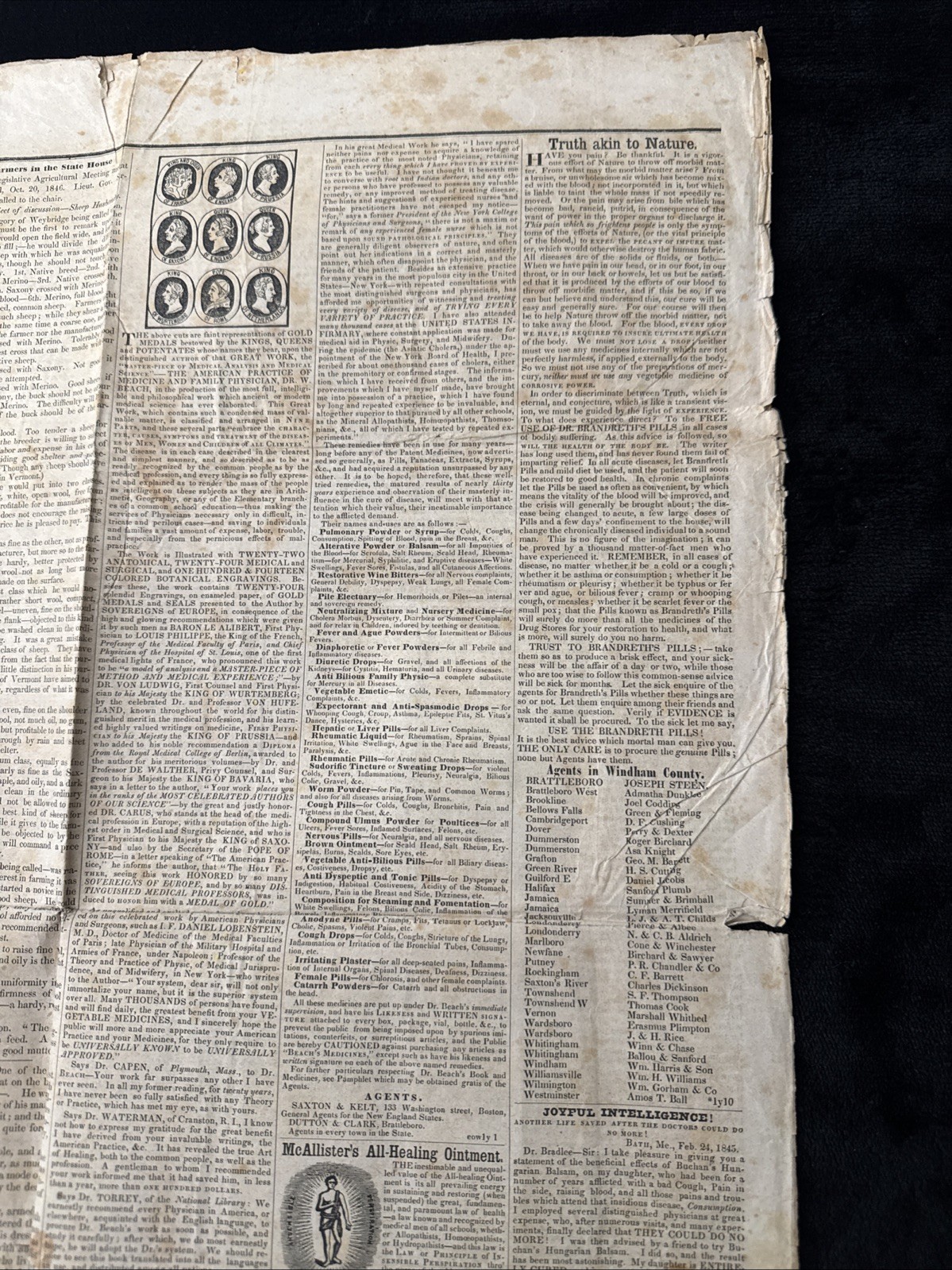 1846 NEWSPAPER Windam County Democrat MON NOV 23 Brattleboro Vt THOMAS H BENTON