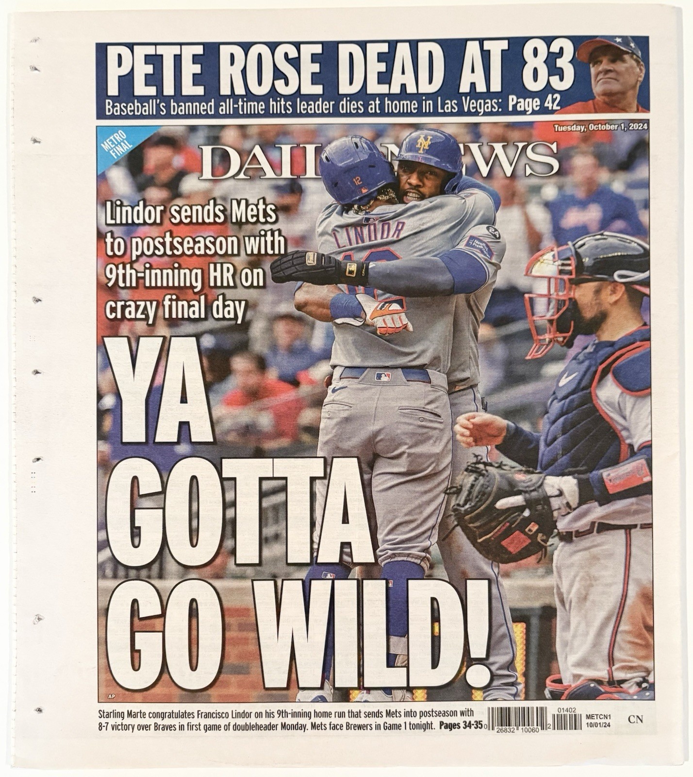 October 1, 2024 New York Daily News Baseball Star Pete Rose Dead At 83