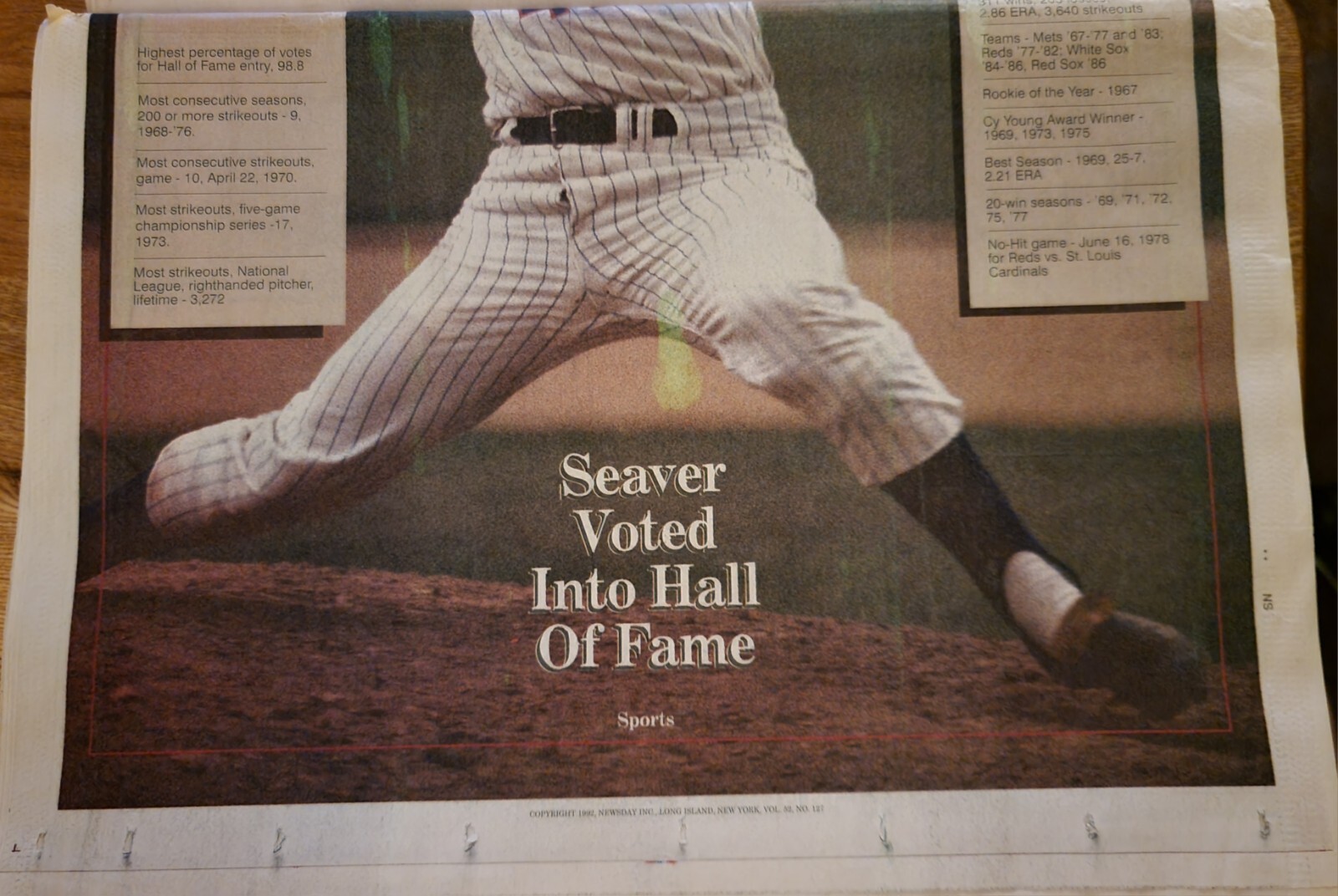 METS – TOM SEAVER – Voted Into BASEBALL HALL OF FAME – 1/8/92