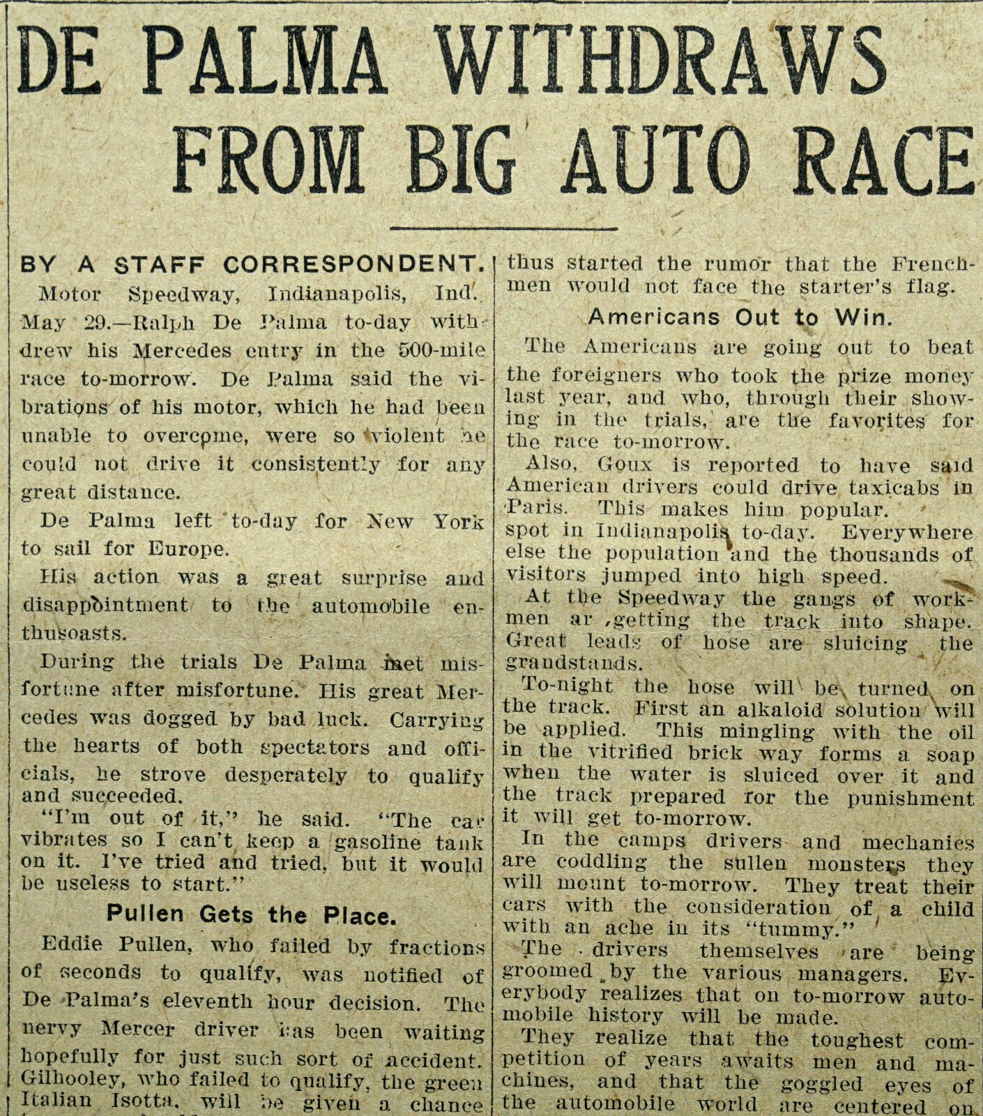 1914 Chicago Sports Page – Indianapolis 500 Ralph De Palma Withdraws