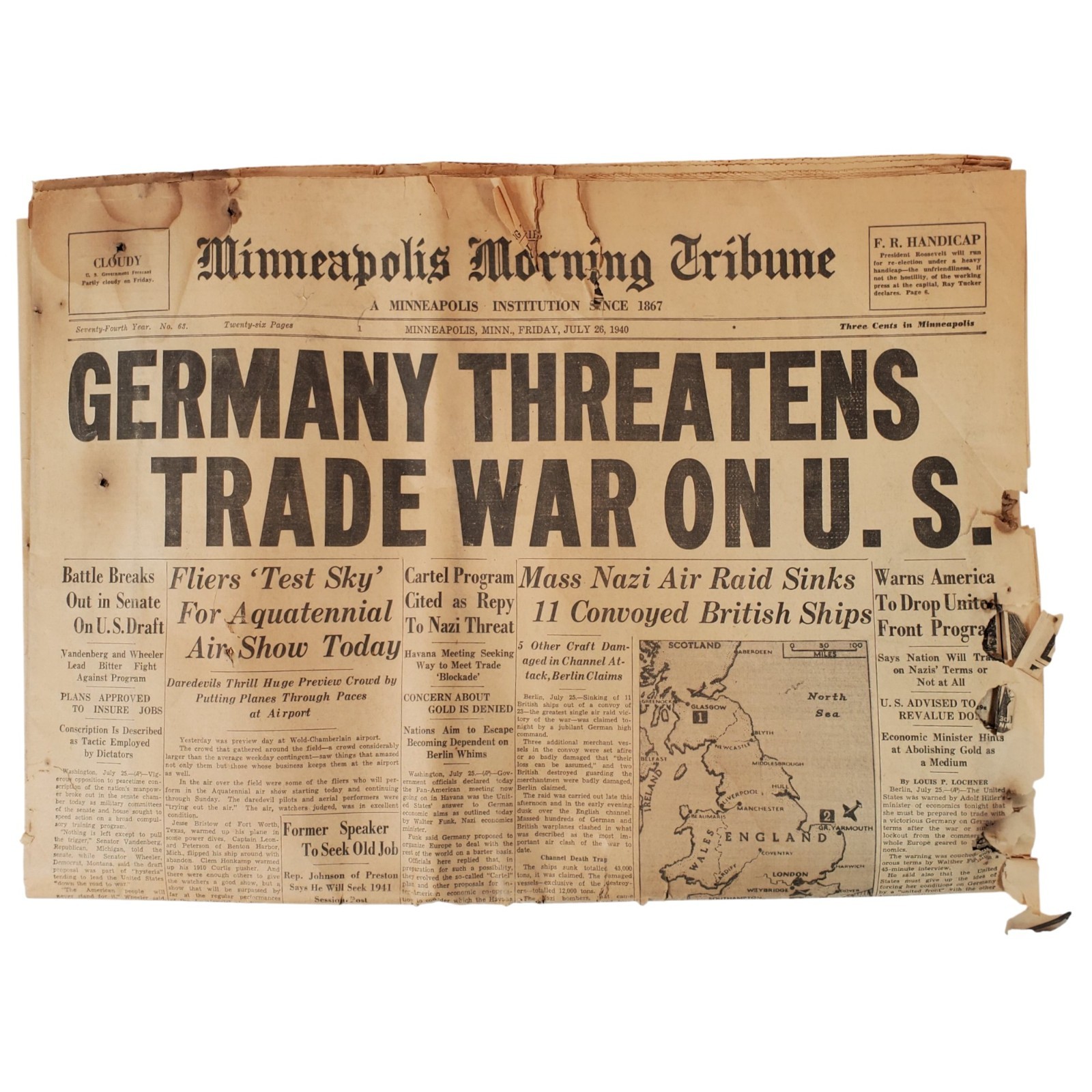 VTG Tribune Newspaper July 26, 1940 World War II, Germany Threatens Trade War