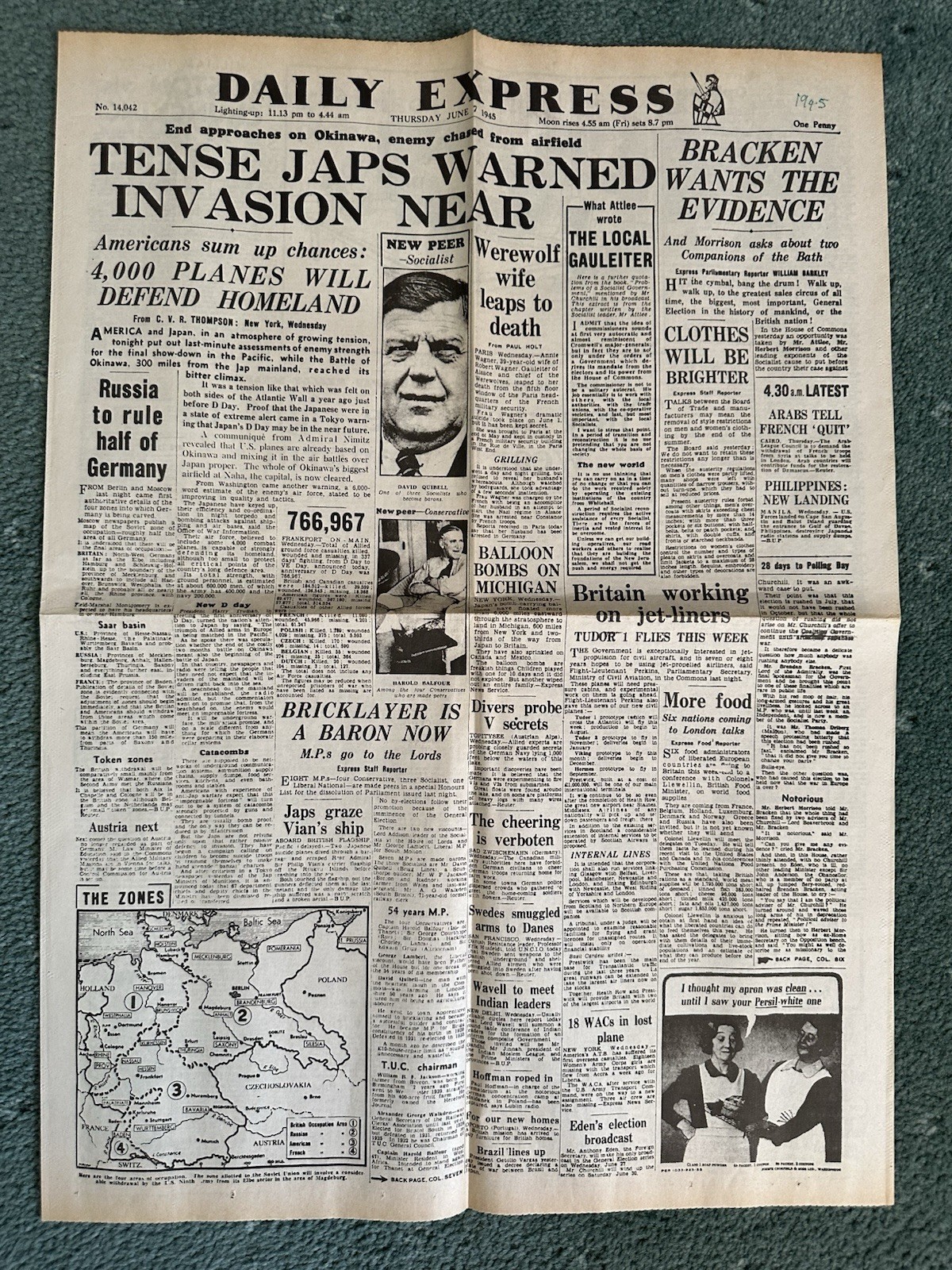 ORIGINAL WW2 Daily Express June 7th 1945 – Japan Warned Invasion Near