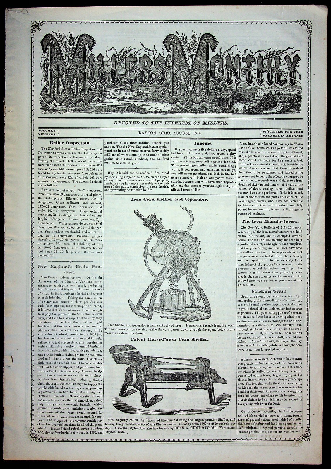 Millers Monthly Publication Dayton Ohio Local Ads August 1872 Iron Manufacturers
