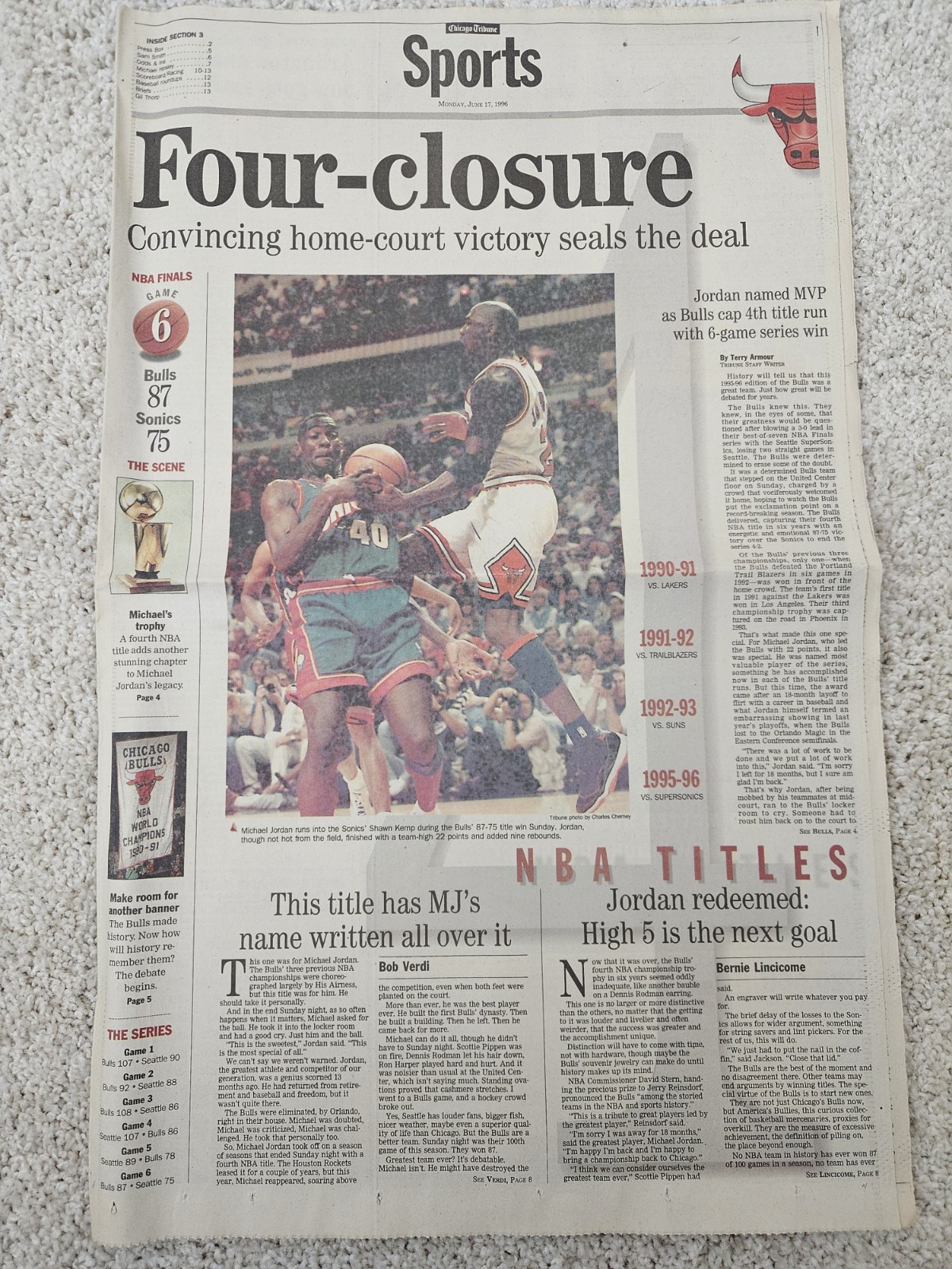 Chicago Tribune Sports June 17 1996 Bulls NBA Finals Game 6 Michael Jordan