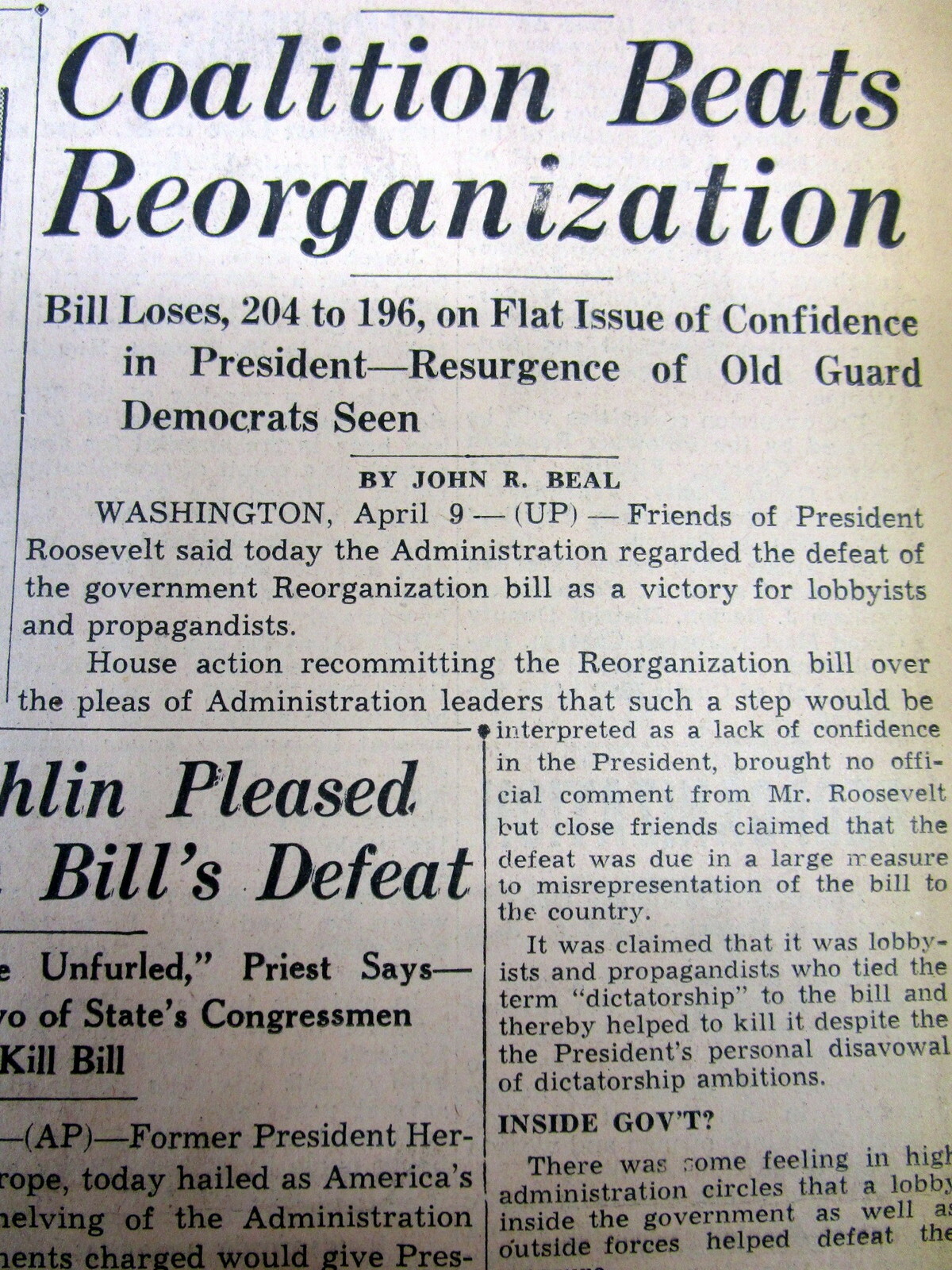 BEST 1938 headline newspaper President Franklin D Roosevelt THE NEW DEAL ENDS