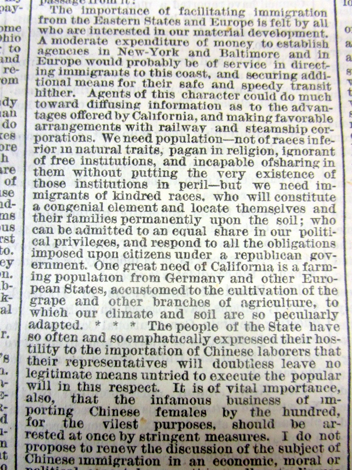 1869 NY Times newspaper wth THE ANTI-CHINESE IMMIGRATION sentiment in CALIFORNIA