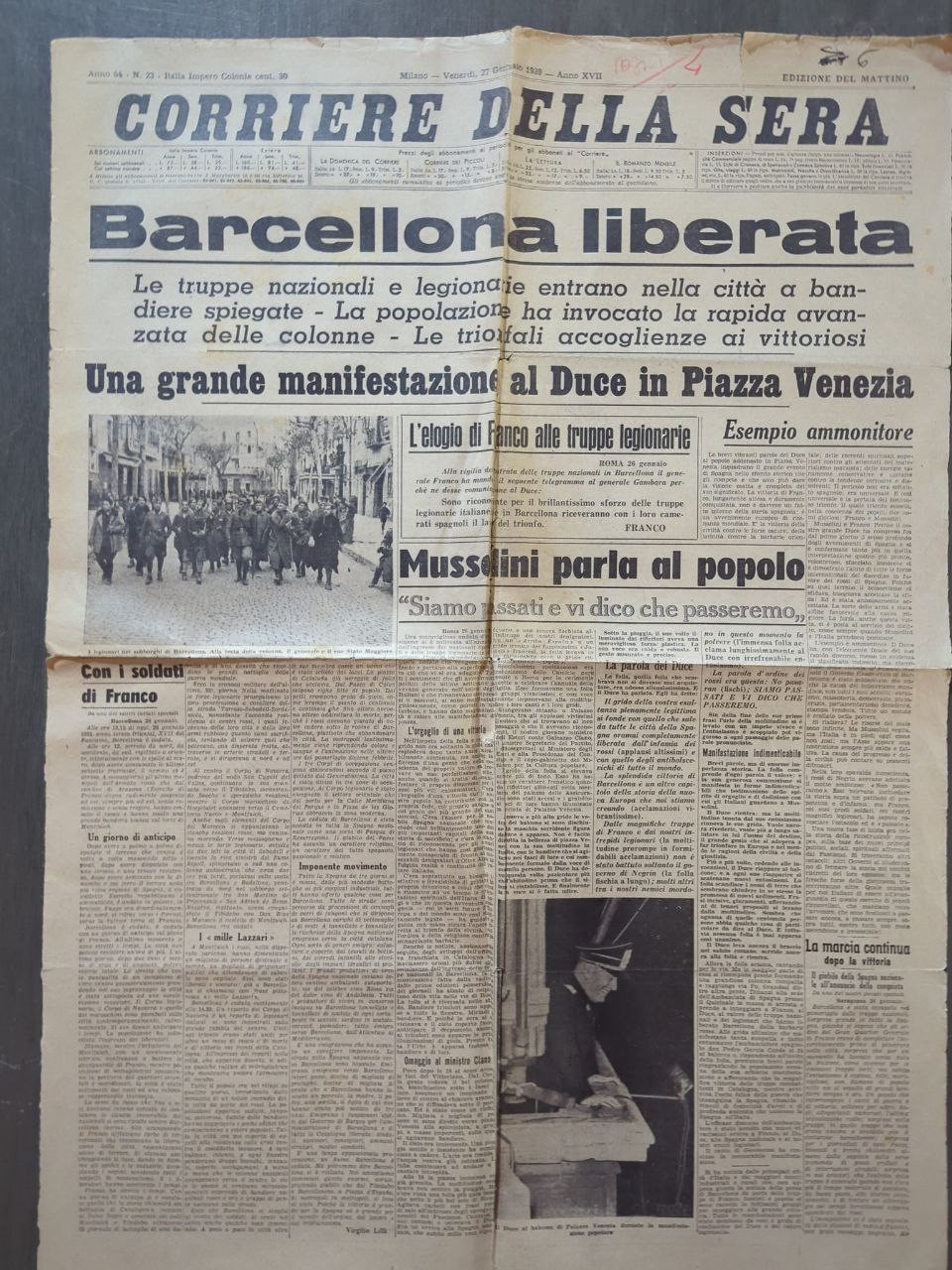 1939 Original Newspaper Barcelona Spain Liberated – Italy Mussolini – C34