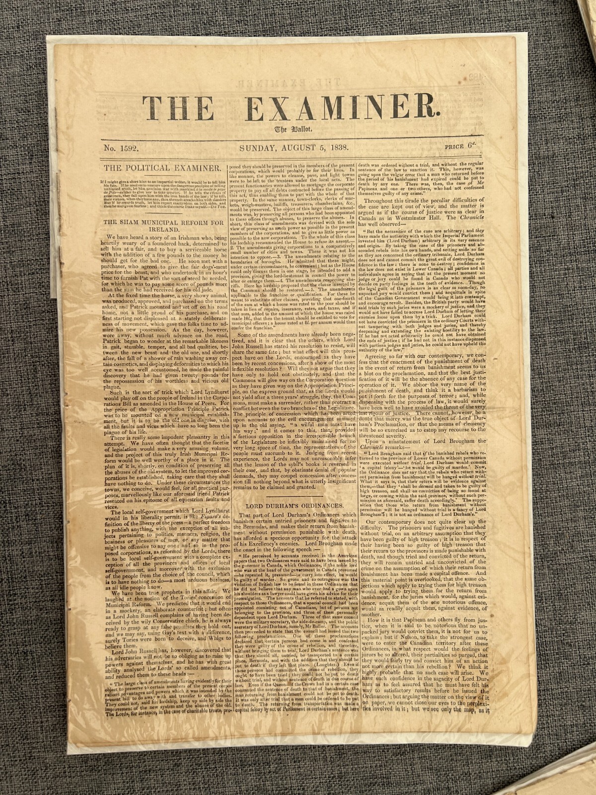 THE EXAMINER SHAM MUNICIPAL REFORM IRELAND 5th AUGUST 1838 VINTAGE NEWSPAPER