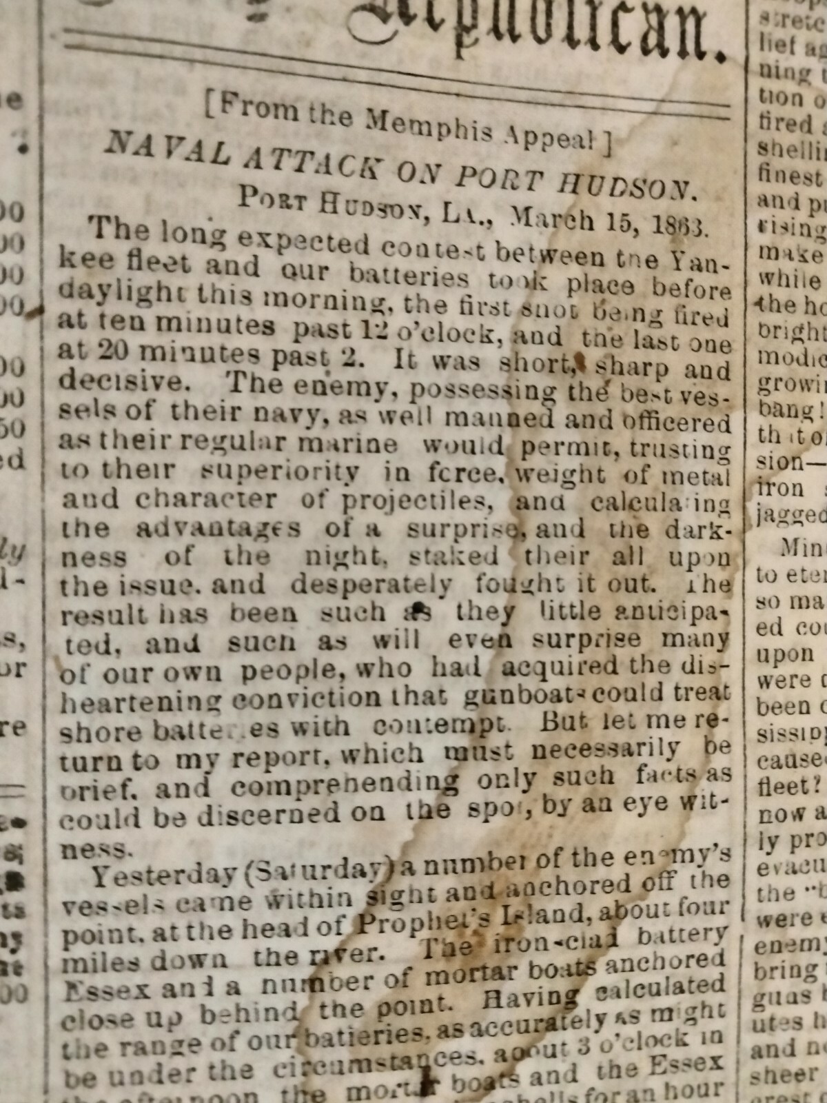 Civil War Newspapers- RARE CONFEDERATE- NAVAL ATTACK ON PORT HUDSON, FORREST