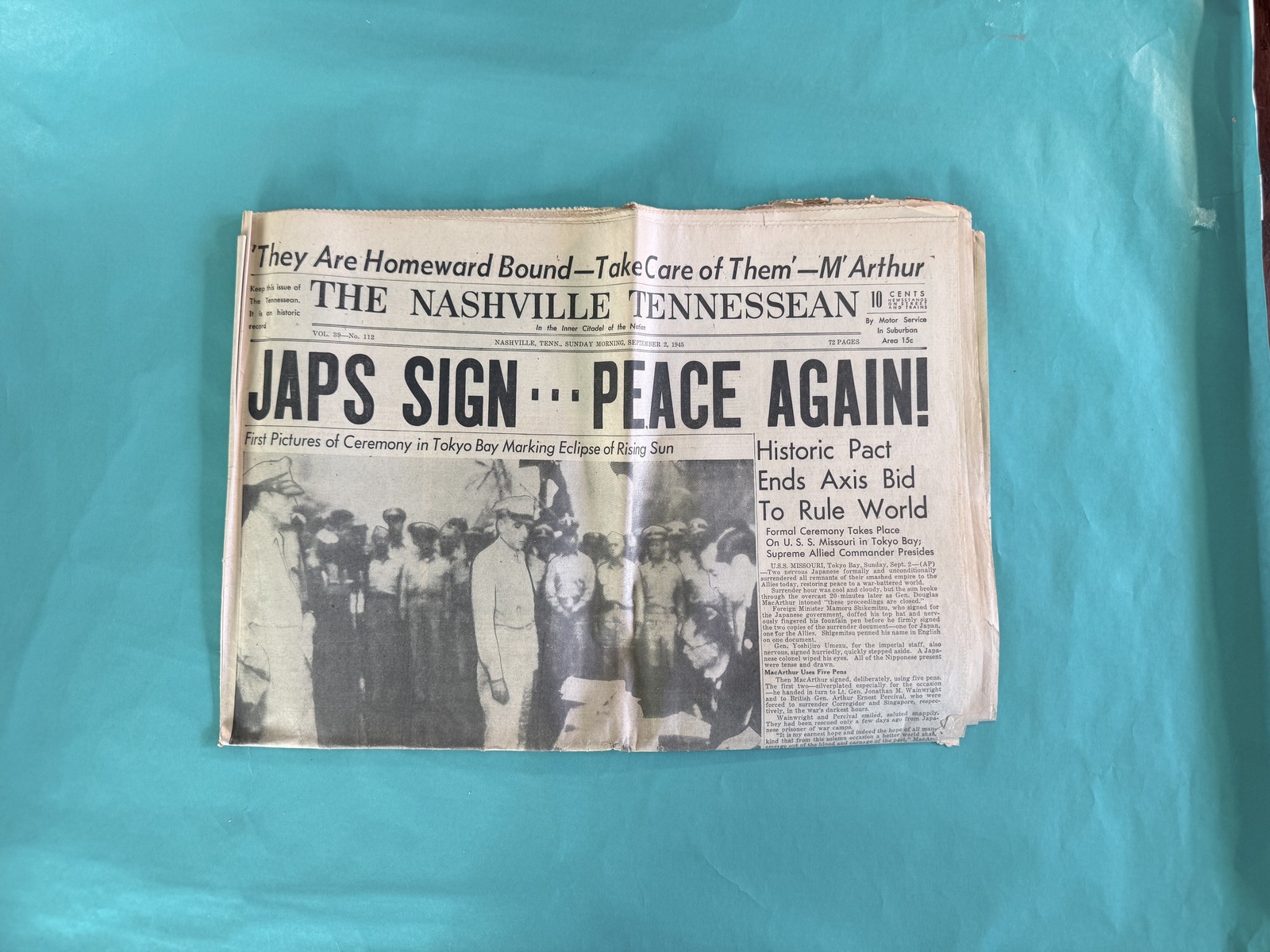 1945 Nashville Tennessean JAPS SIGN PEACE AGAIN Japan Surrender WWII Newspaper