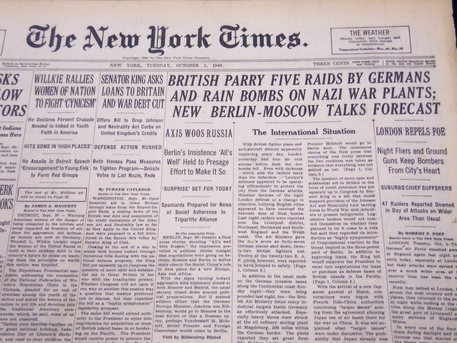 1940 OCT 1 NEW YORK TIMES – BRITISH PARRY FINE RAIDS BY GERMANS – NT 223
