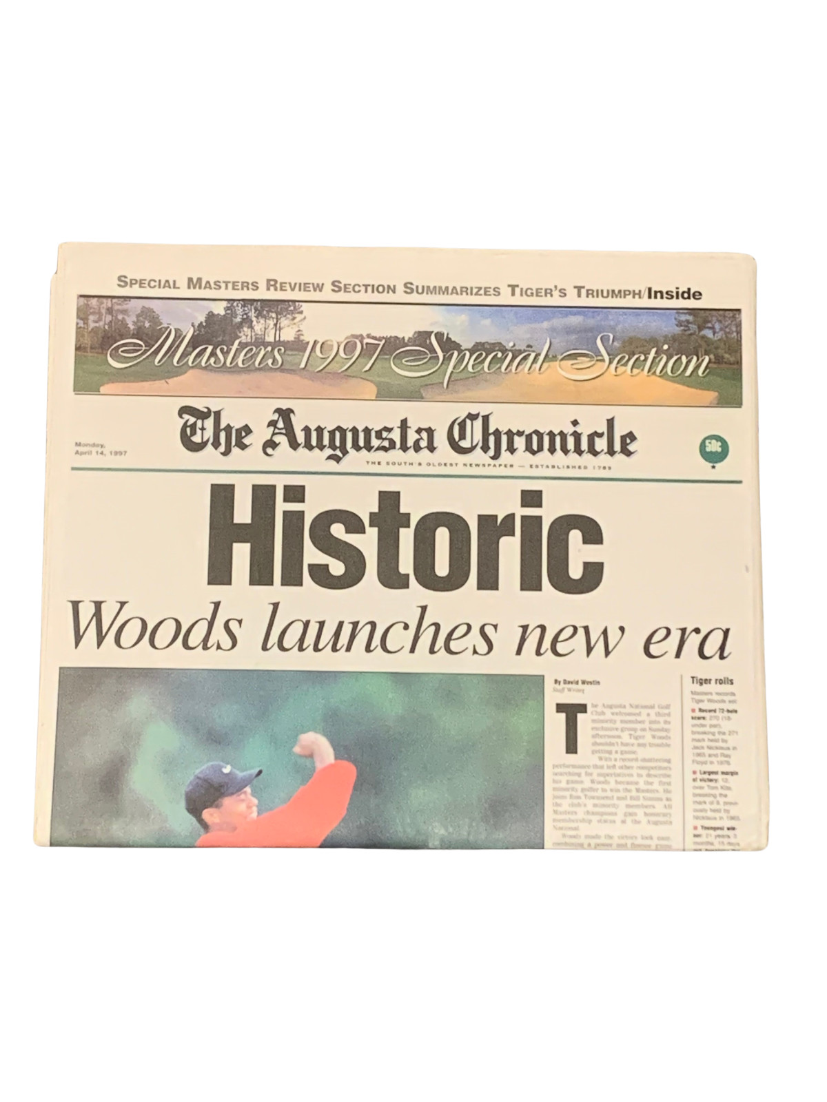 Framed 1997 Masters Golf Tournament Augusta Chronicle Newspaper 4/14/97