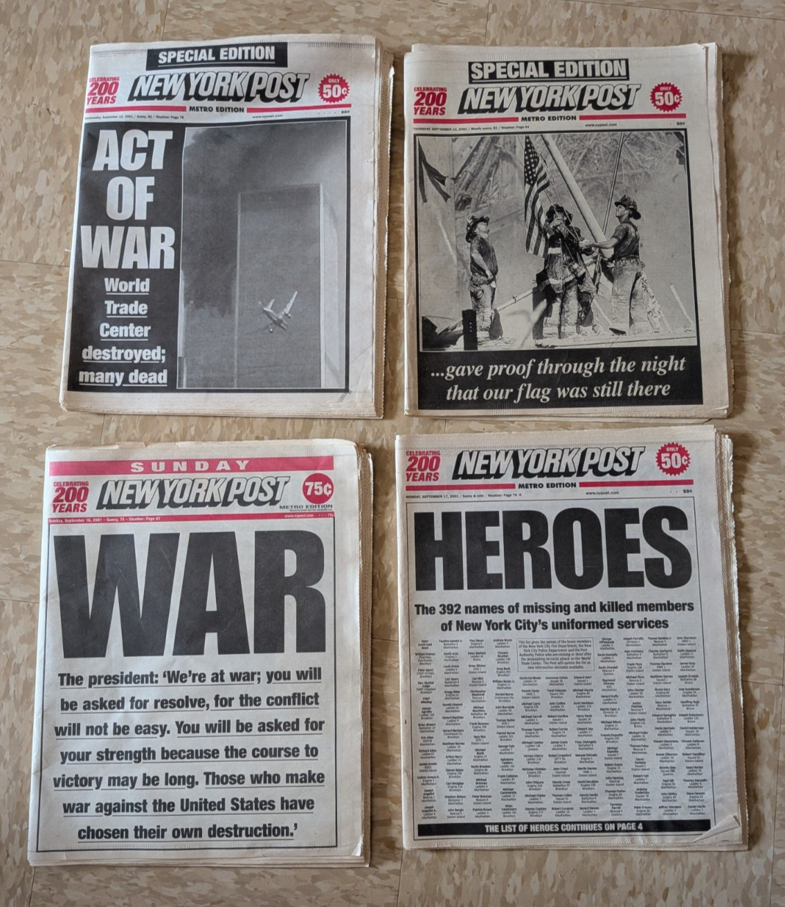 Lot of 4x NYPOST New York Post 9/11 September 12th 13th 16th 17th Editions
